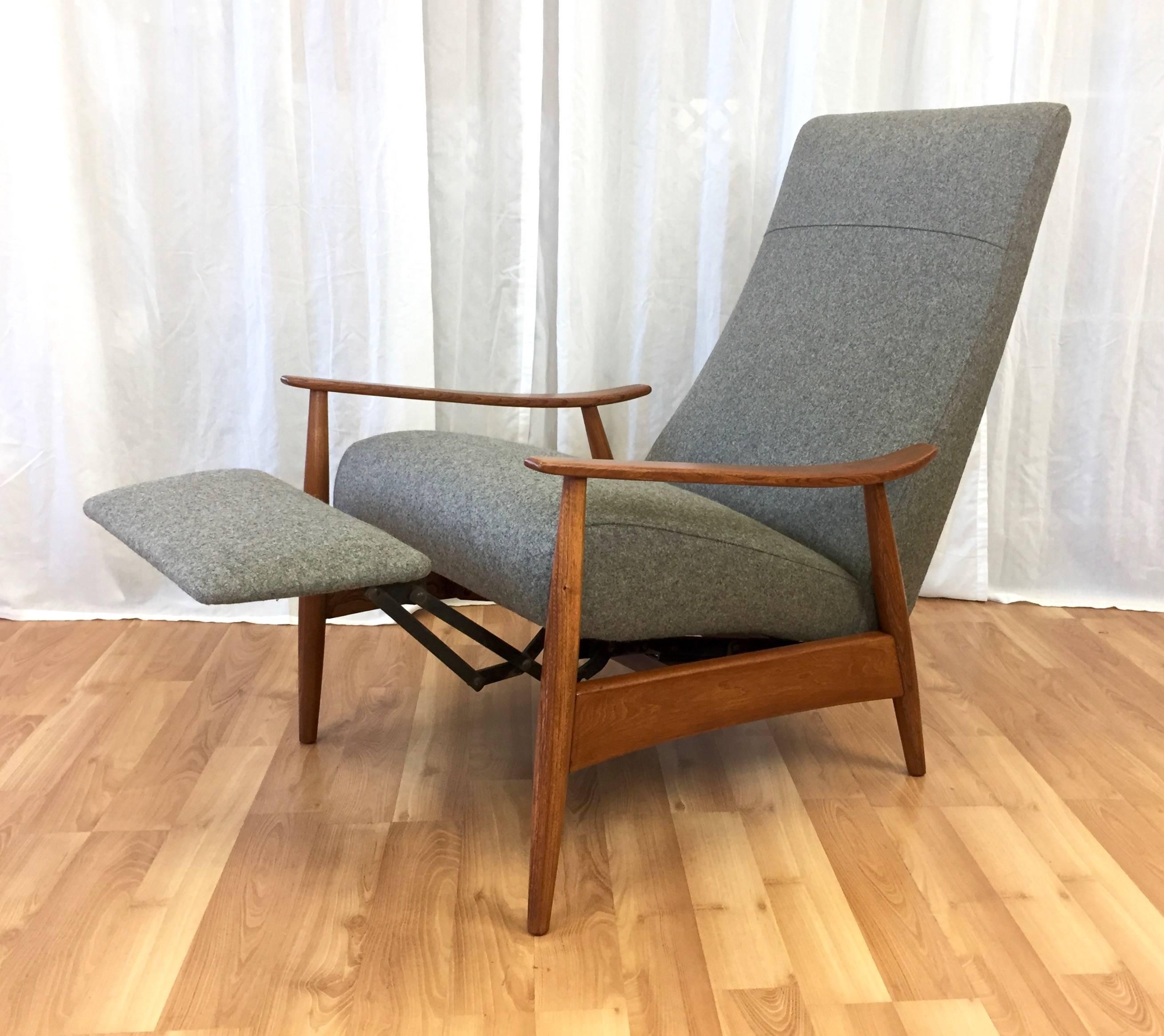 A vintage walnut “Recliner 74” with flip-out footrest and wool upholstery by Milo Baughman for Thayer Coggin.

Danish modern lines meet American Mid-Century Modern ingenuity. Professionally restored walnut frame features finely figured grain,