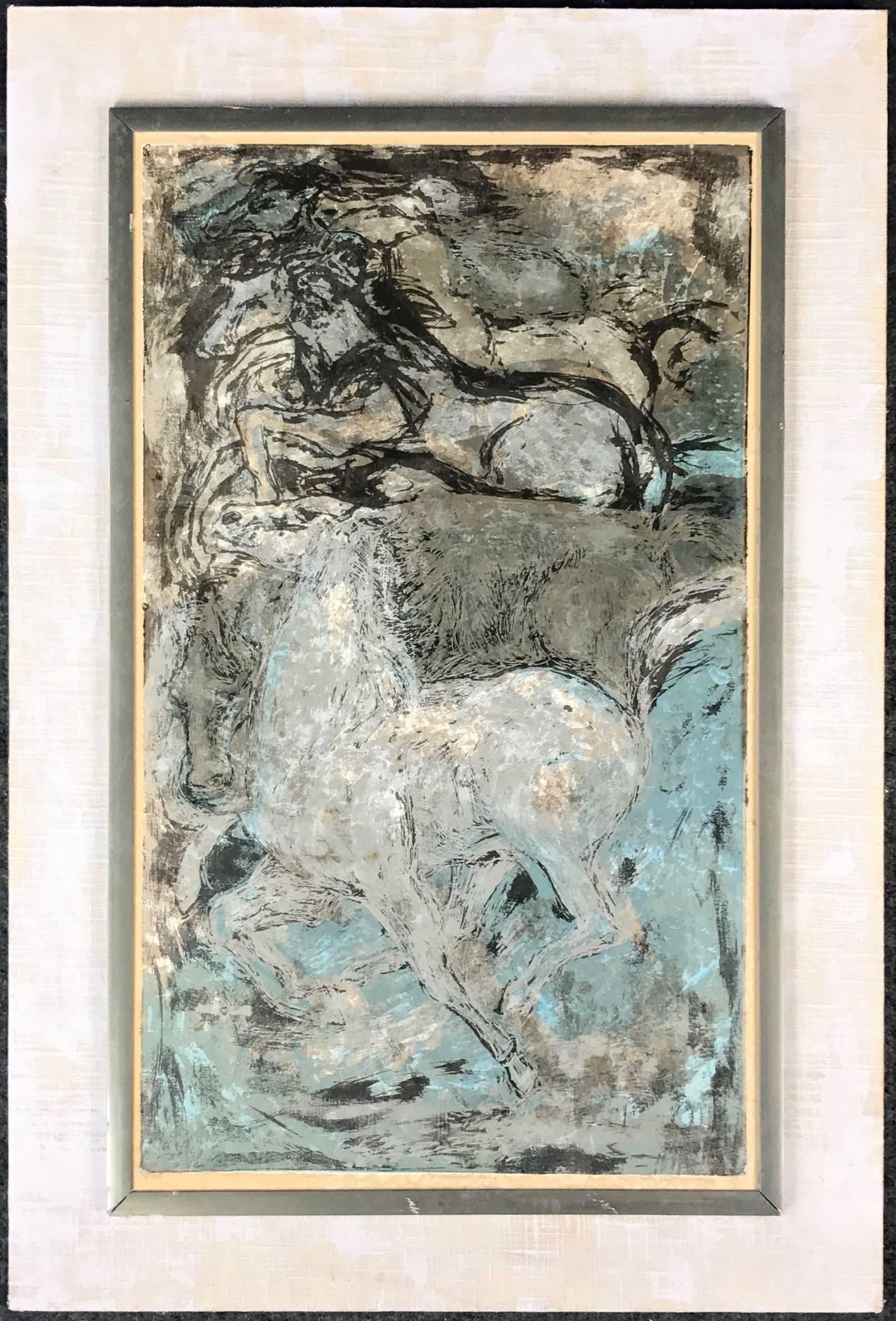 A wonderfully kinetic abstract expressionist composition depicting a herd of majestic mustangs running free under the moonlight. It’s comprised of a multitude of complex, expertly layered, single-color screen print passes, with a detailed looseness