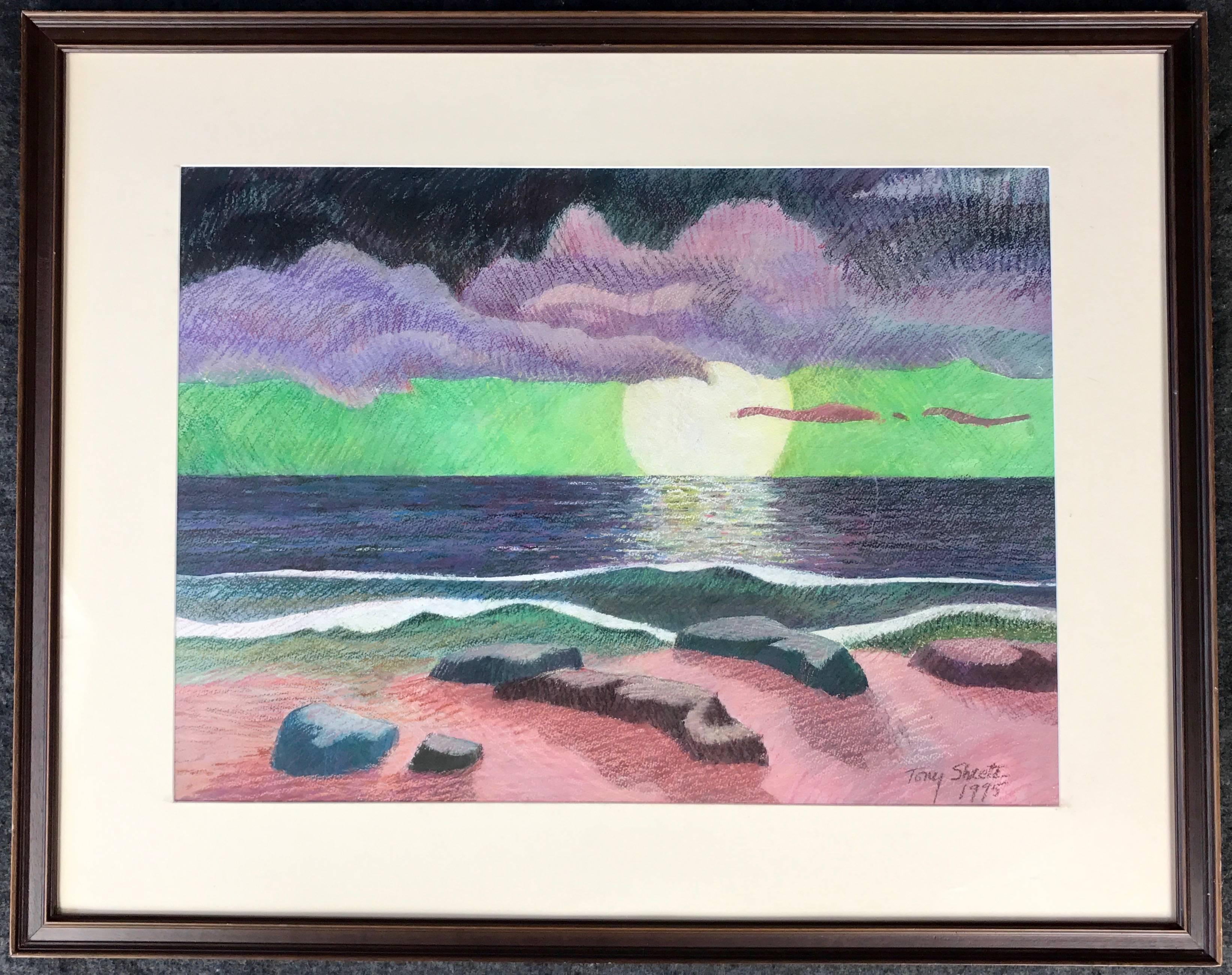 A pastel over watercolor impressionist ocean landscape titled “Molokai Dream” by American artist John Anthony “Tony” Sheets (b. 1942).

Cool pastels, crosshatched and layered in deceptively complex interplay over a watercolor base, depict a