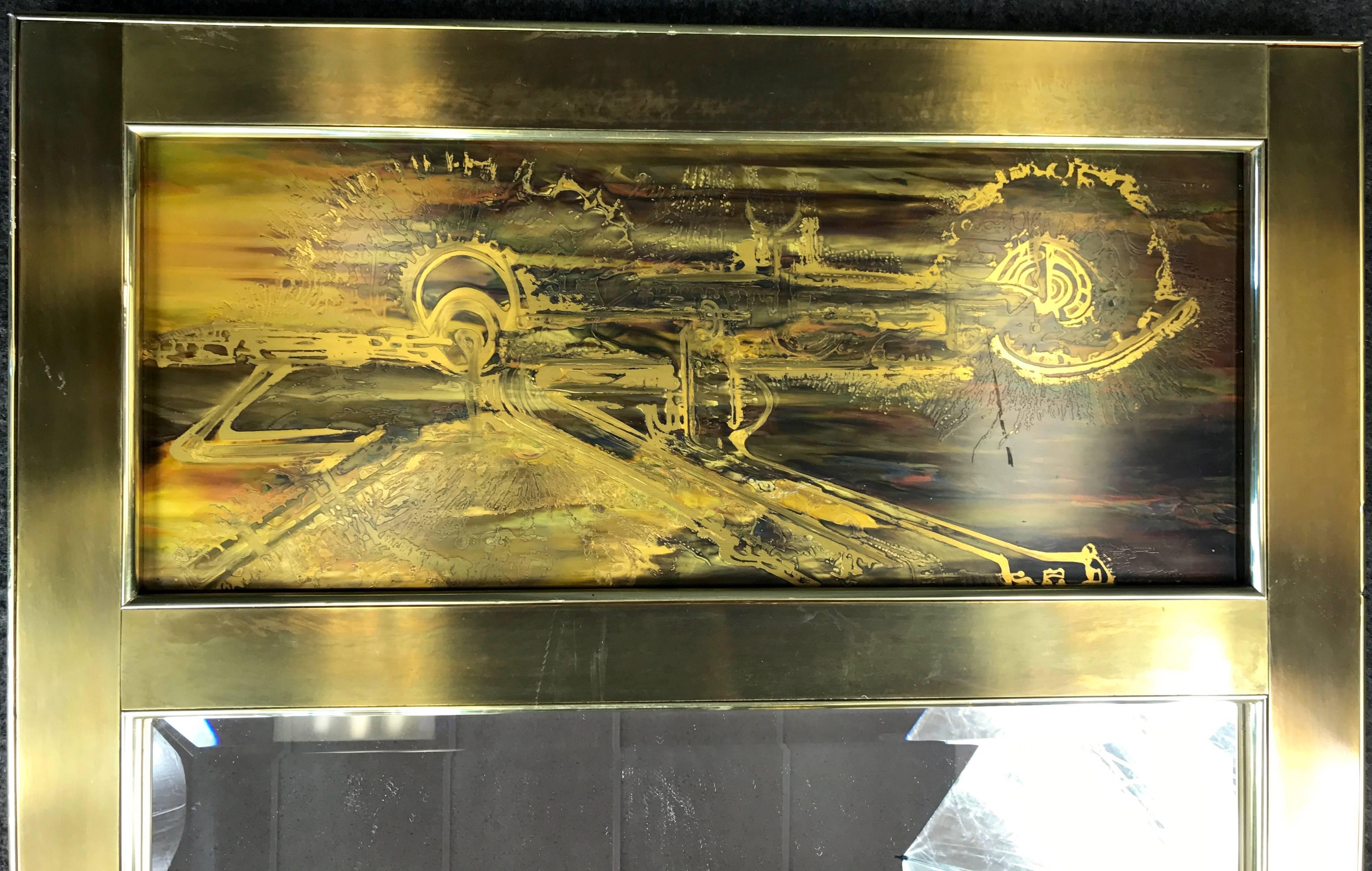 Modern Mastercraft Brass Mirror with Acid Etched Panel by Bernhard Rohne B
