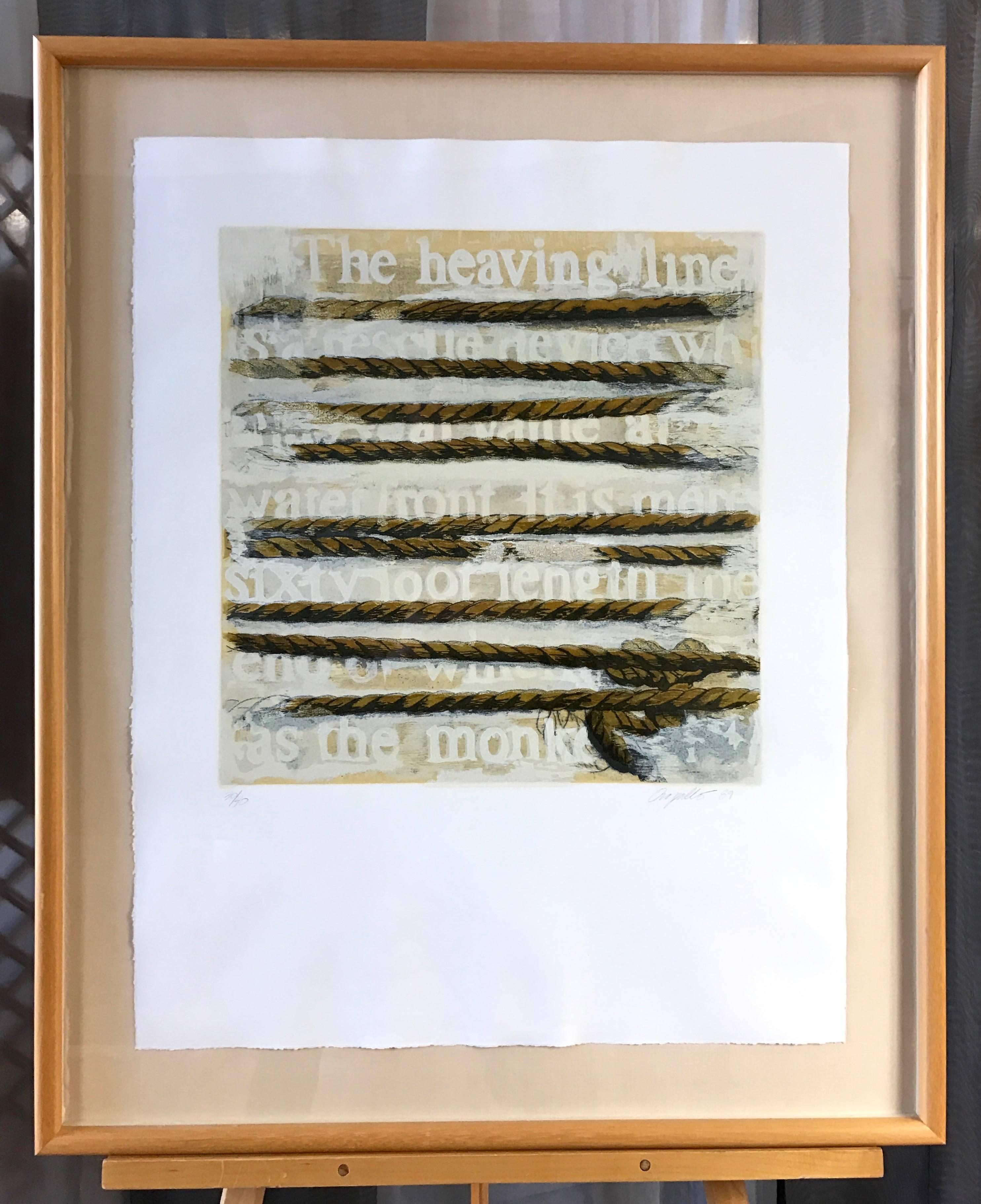 A multi-technique woodcut on paper titled “Rescue Device” by American artist Deborah Oropallo (b. 1954). Crisply-rendered depiction of a tautly wound heaving line is interspersed with ghostly text that offers a fragmented definition of the same.