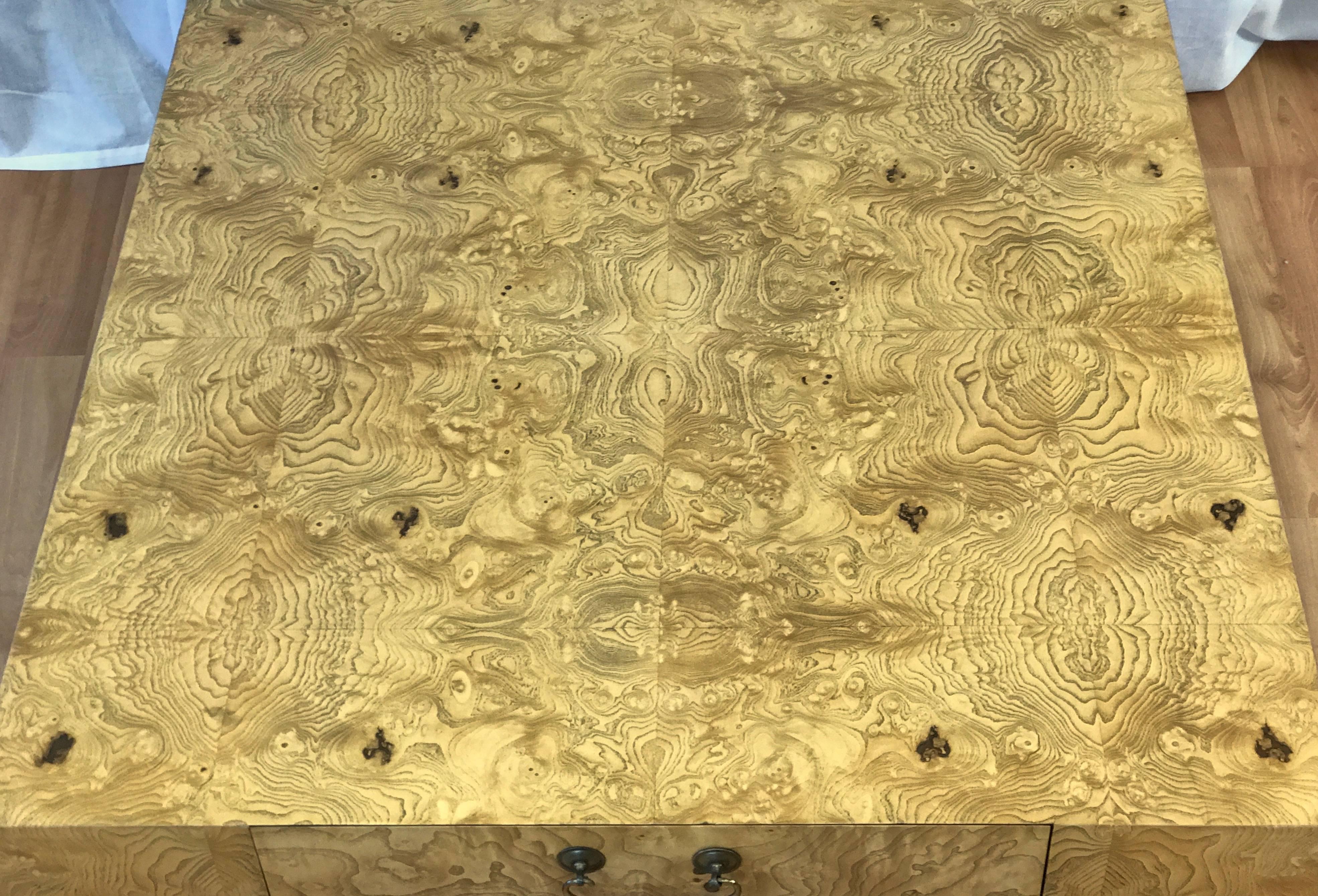 American Large Burl Wood Coffee Table with Drawers Attributed to Henredon