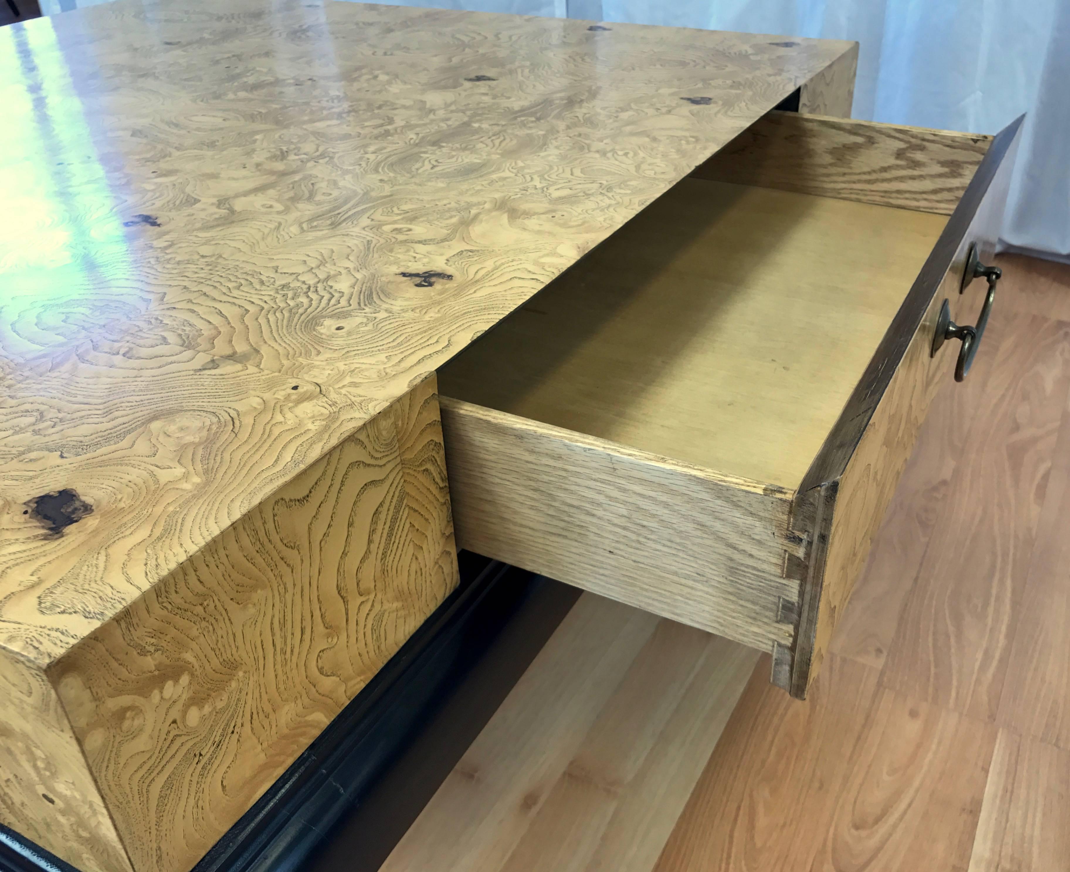 Brass Large Burl Wood Coffee Table with Drawers Attributed to Henredon