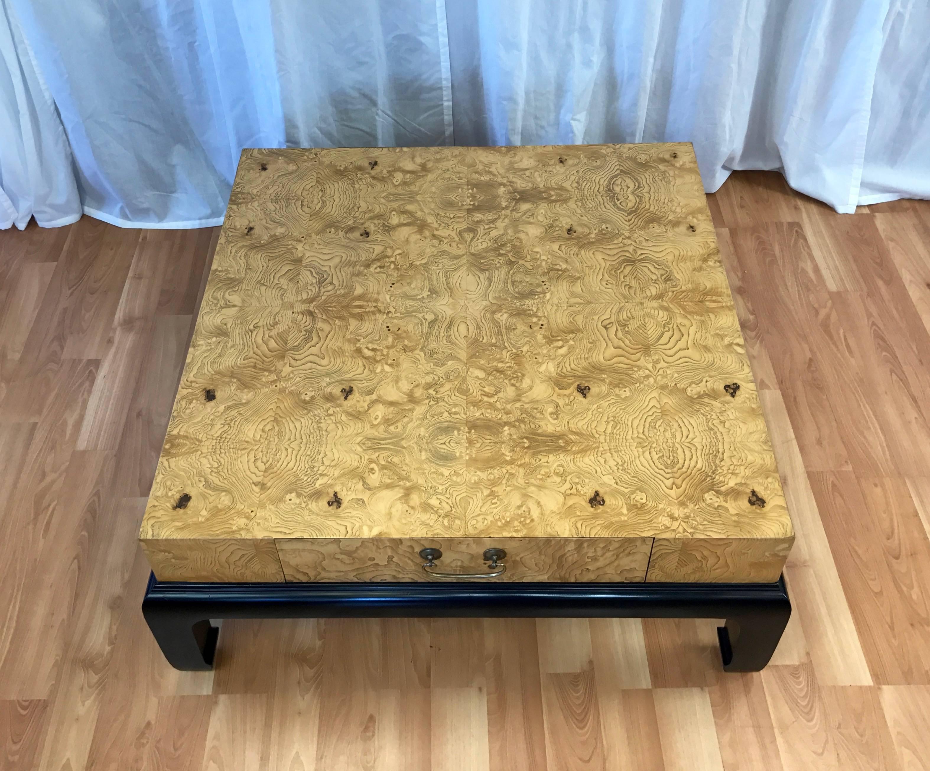 Modern Large Burl Wood Coffee Table with Drawers Attributed to Henredon