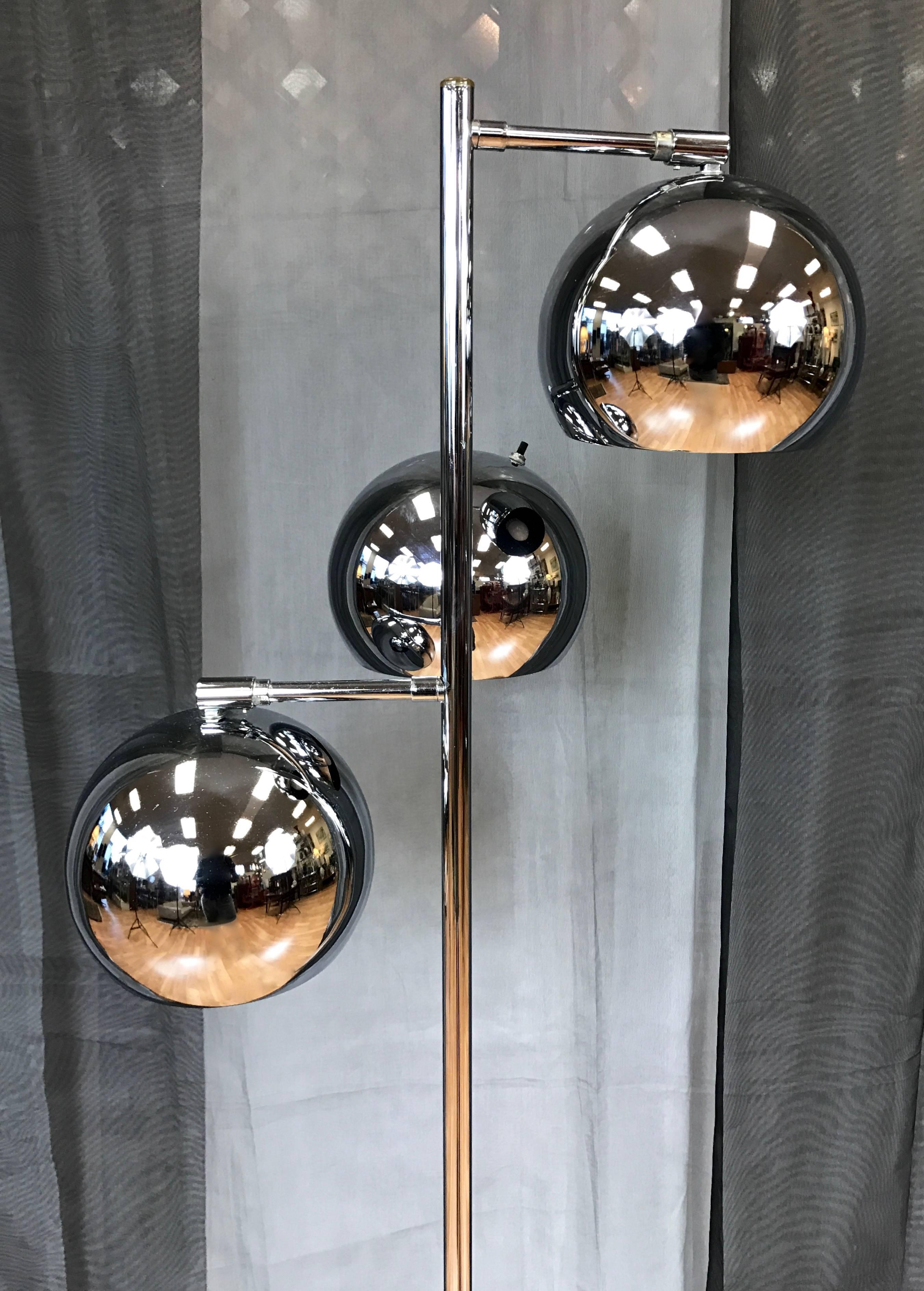Mid-Century Modern Koch & Lowy OMI Three-Globe Chrome Floor Lamp