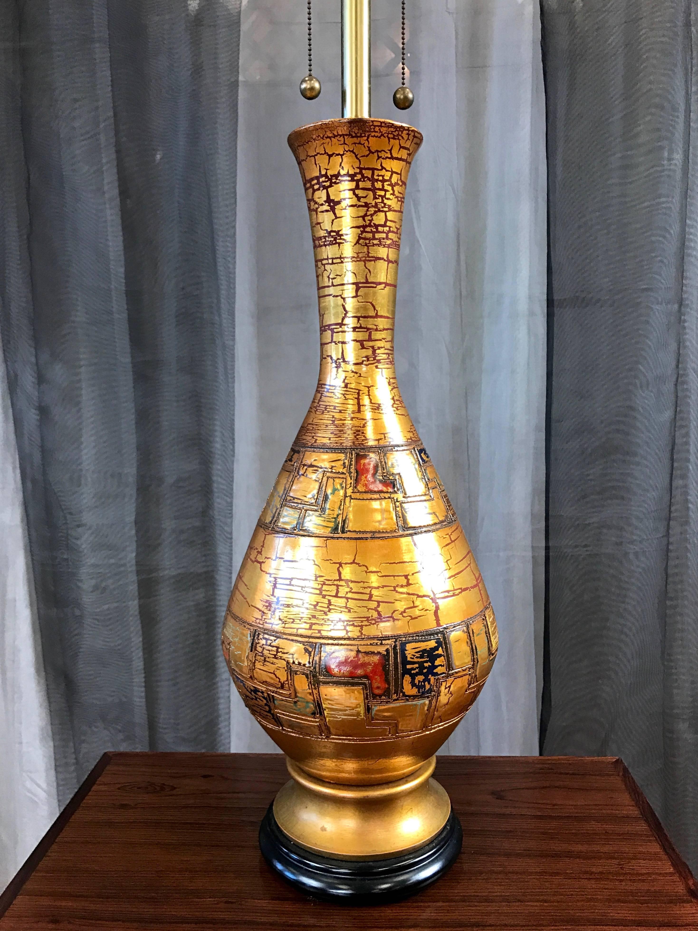 American Monumental Marbro Ceramic Table Lamp with Gold Crackle Glaze