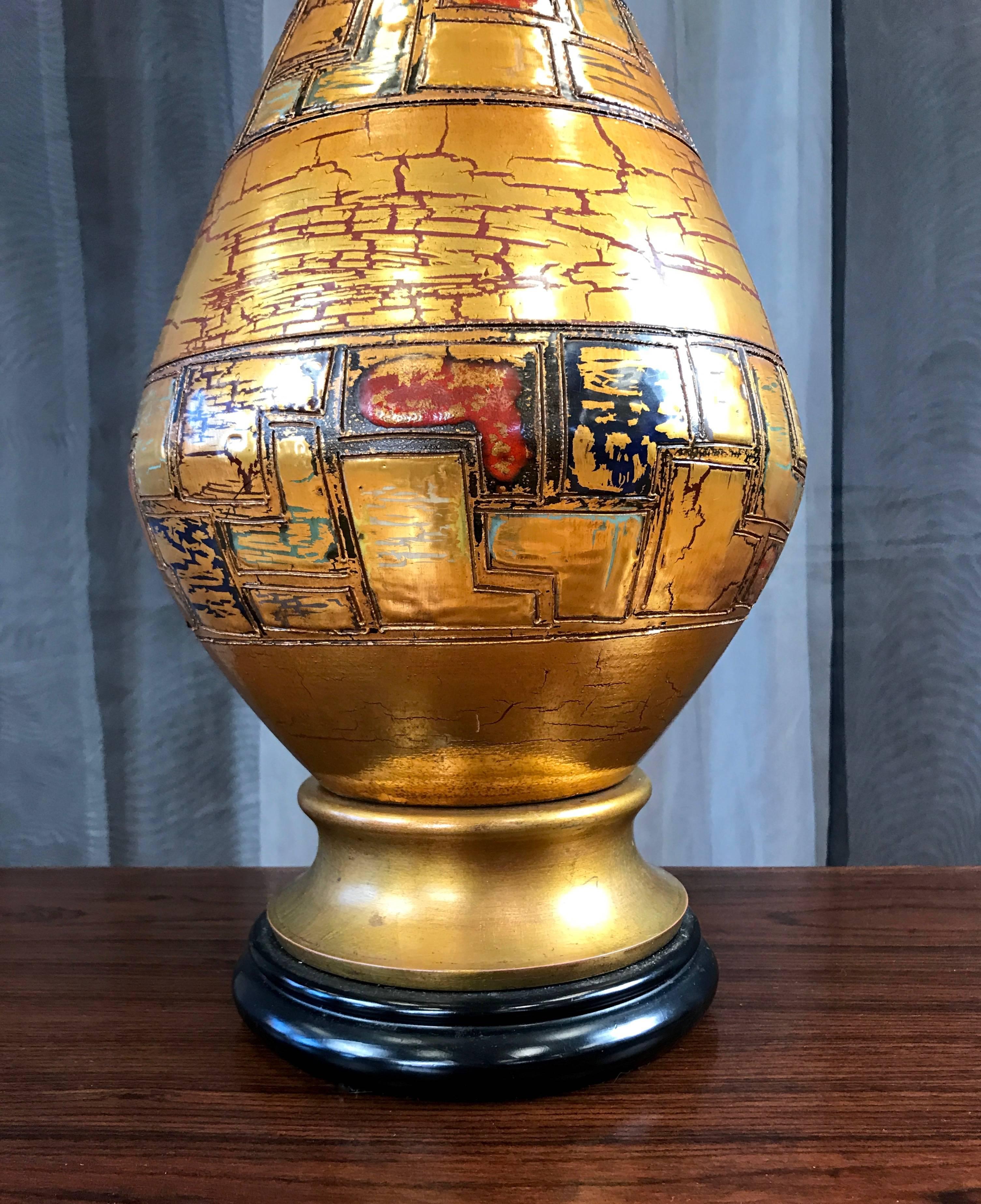 Mid-20th Century Monumental Marbro Ceramic Table Lamp with Gold Crackle Glaze