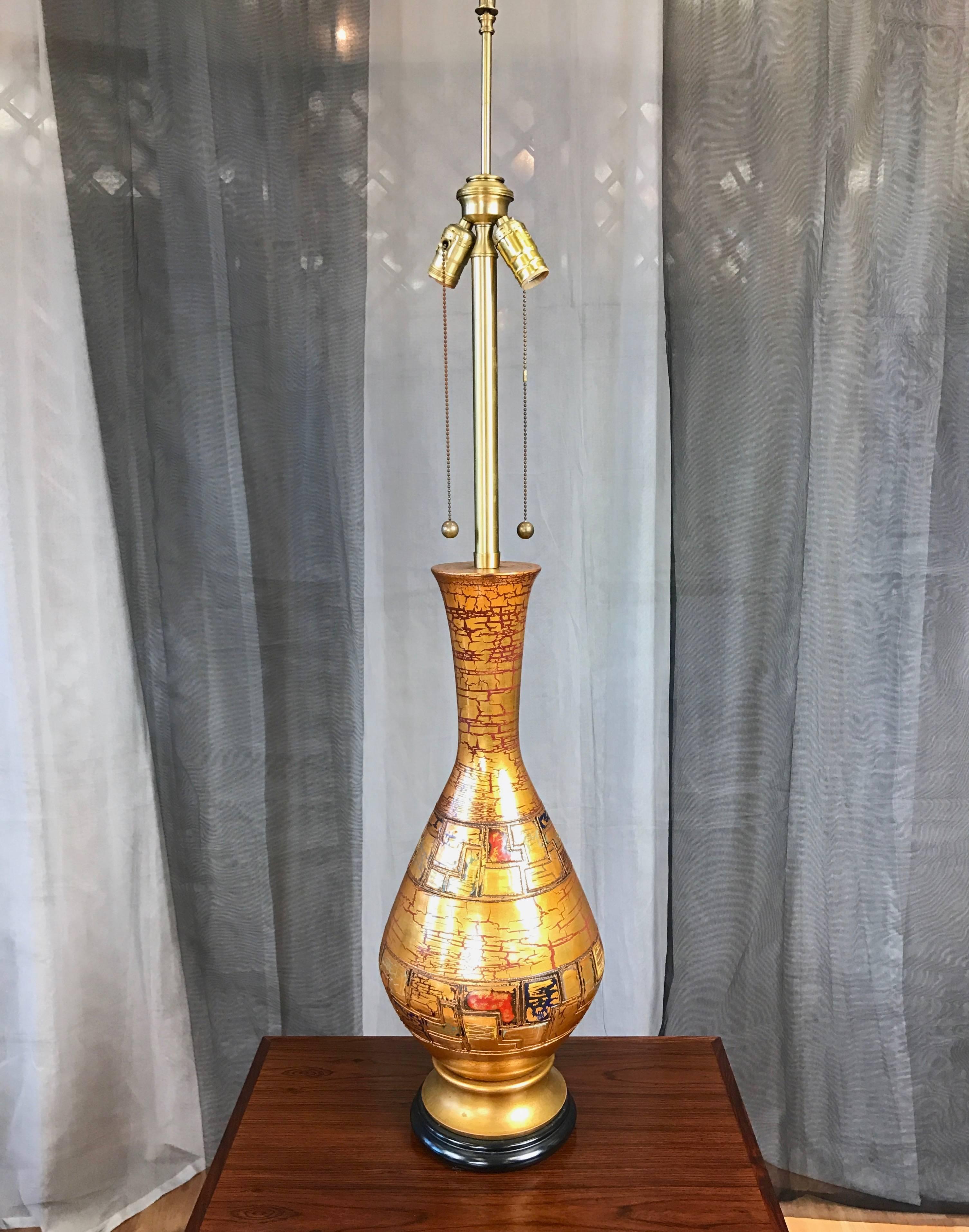 Mid-Century Modern Monumental Marbro Ceramic Table Lamp with Gold Crackle Glaze