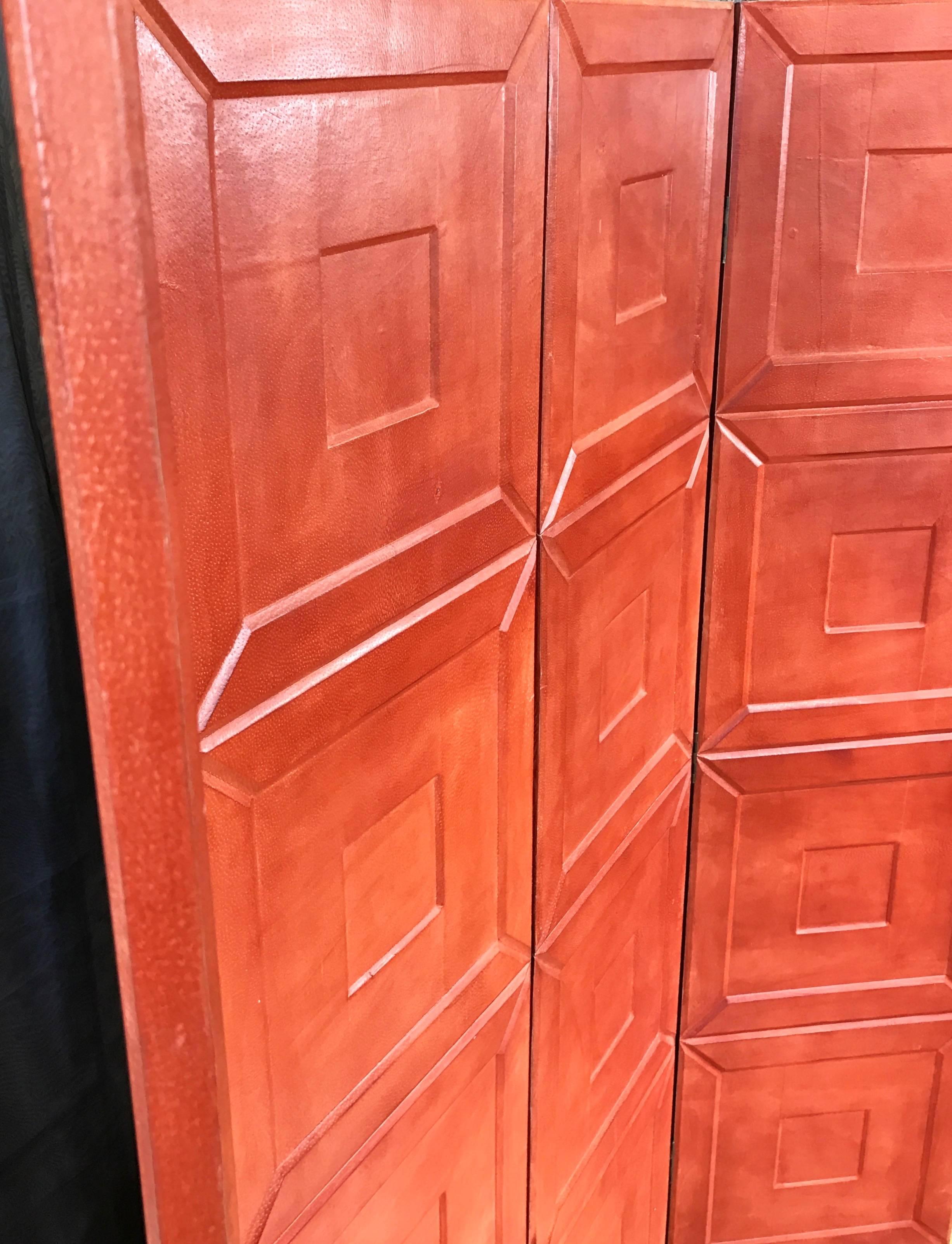 Brass Maitland-Smith Leather-Clad Four-Panel Folding Screen