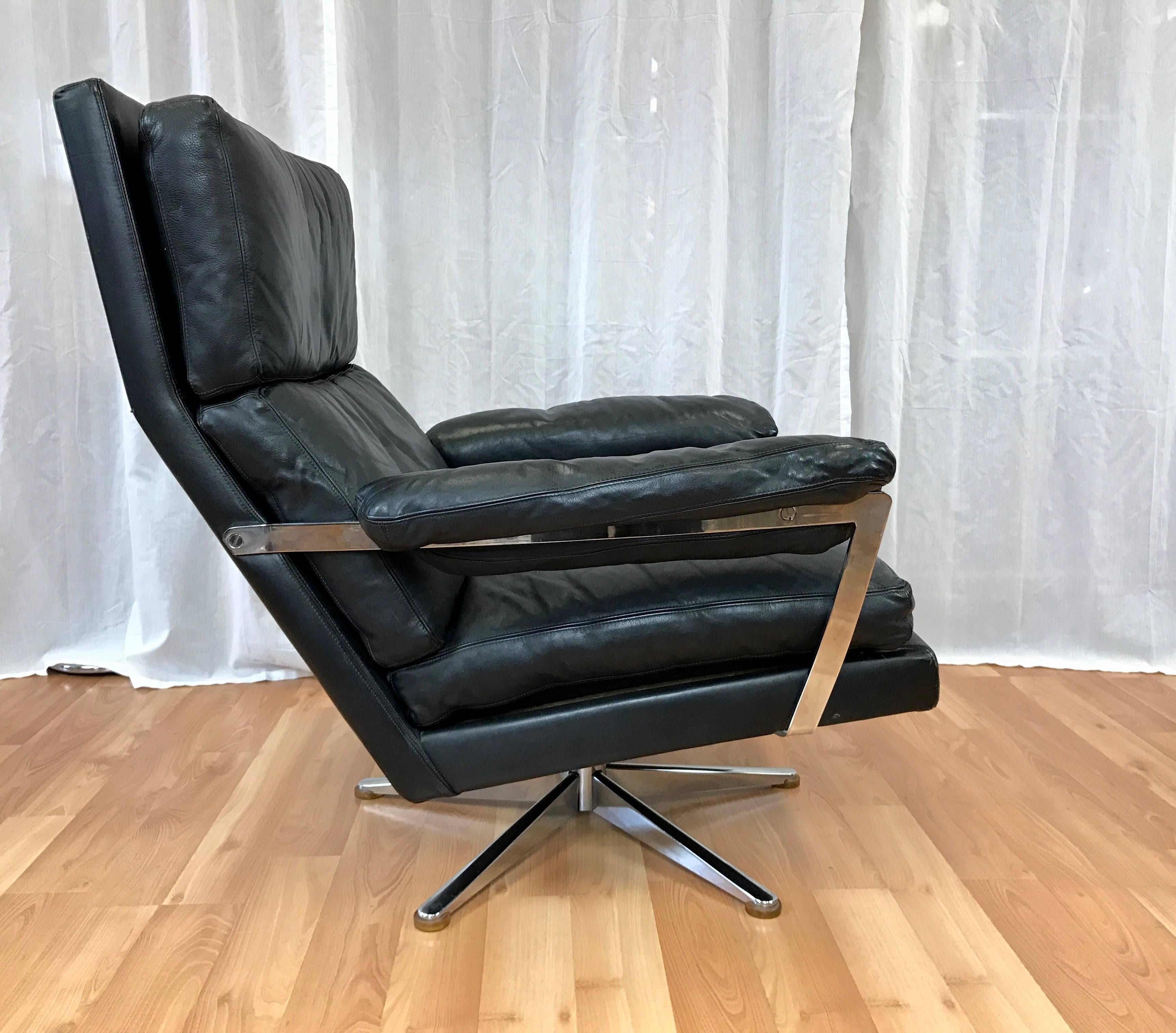 Scandinavian Modern Vintage Swedish Leather Lounge Chair and Ottoman