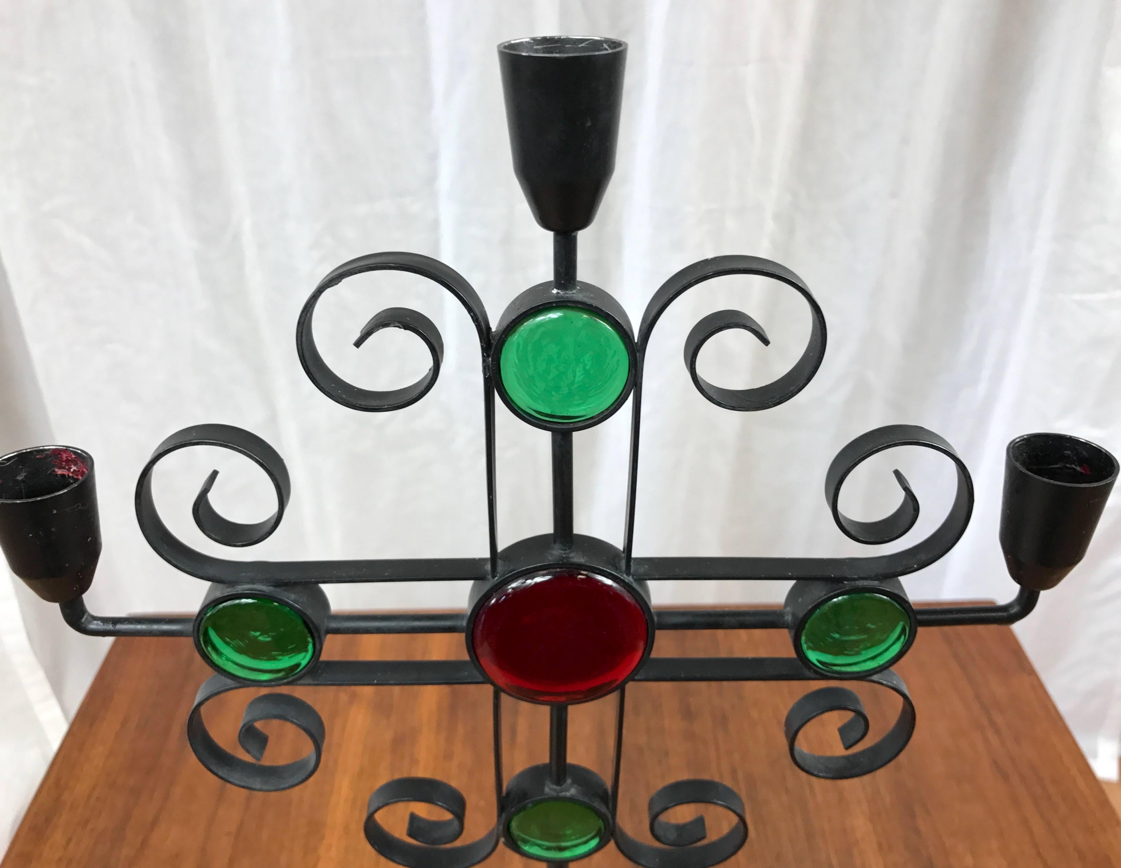 Mid-20th Century Gunnar Ander for Ystad-Metall Wrought Iron and Glass Candelabra