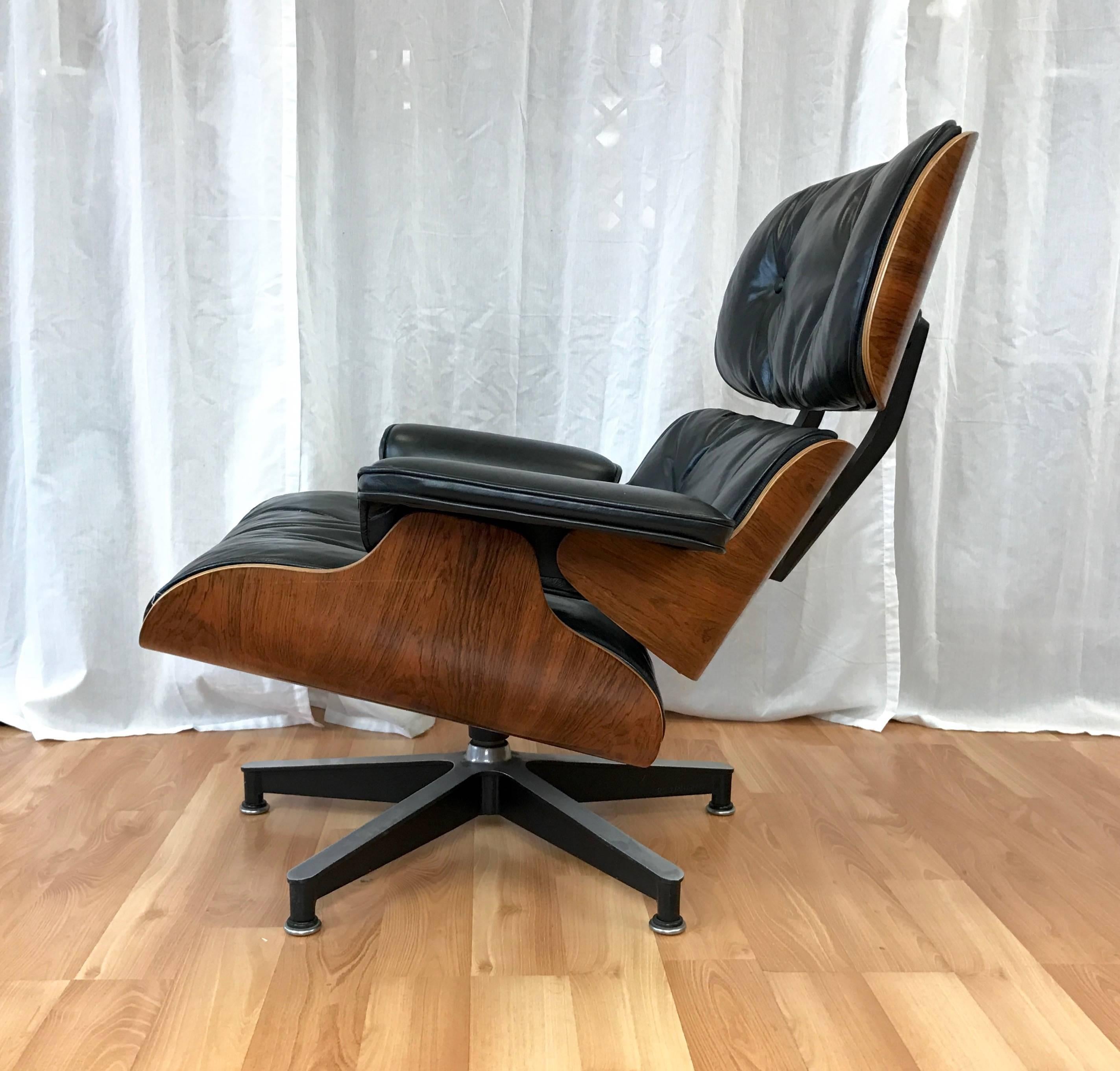 American Vintage Eames Model 670 Lounge Chair & Ottoman in Rosewood and Black Leather