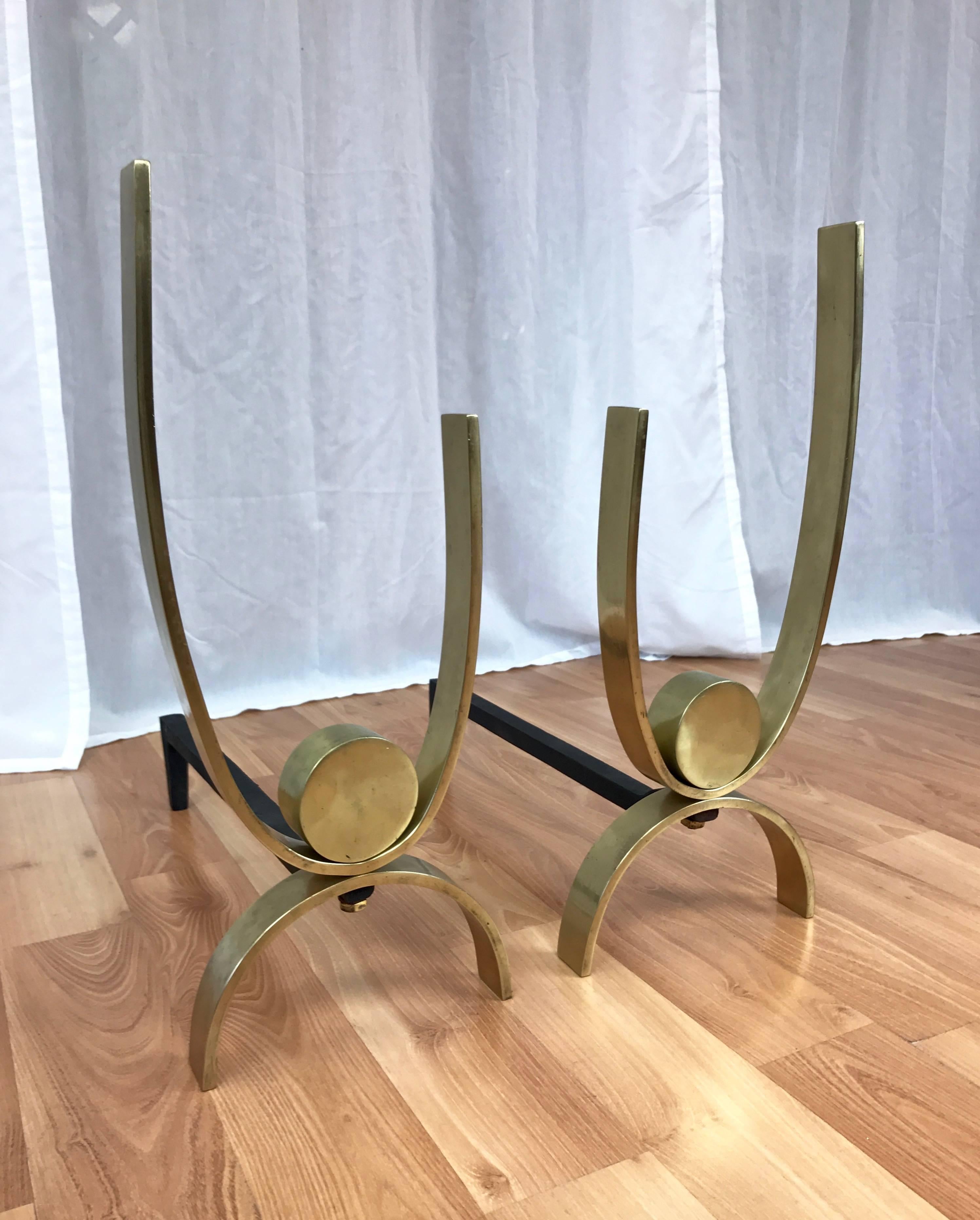 Mid-Century Modern Donald Deskey Sculptural Brass Andirons