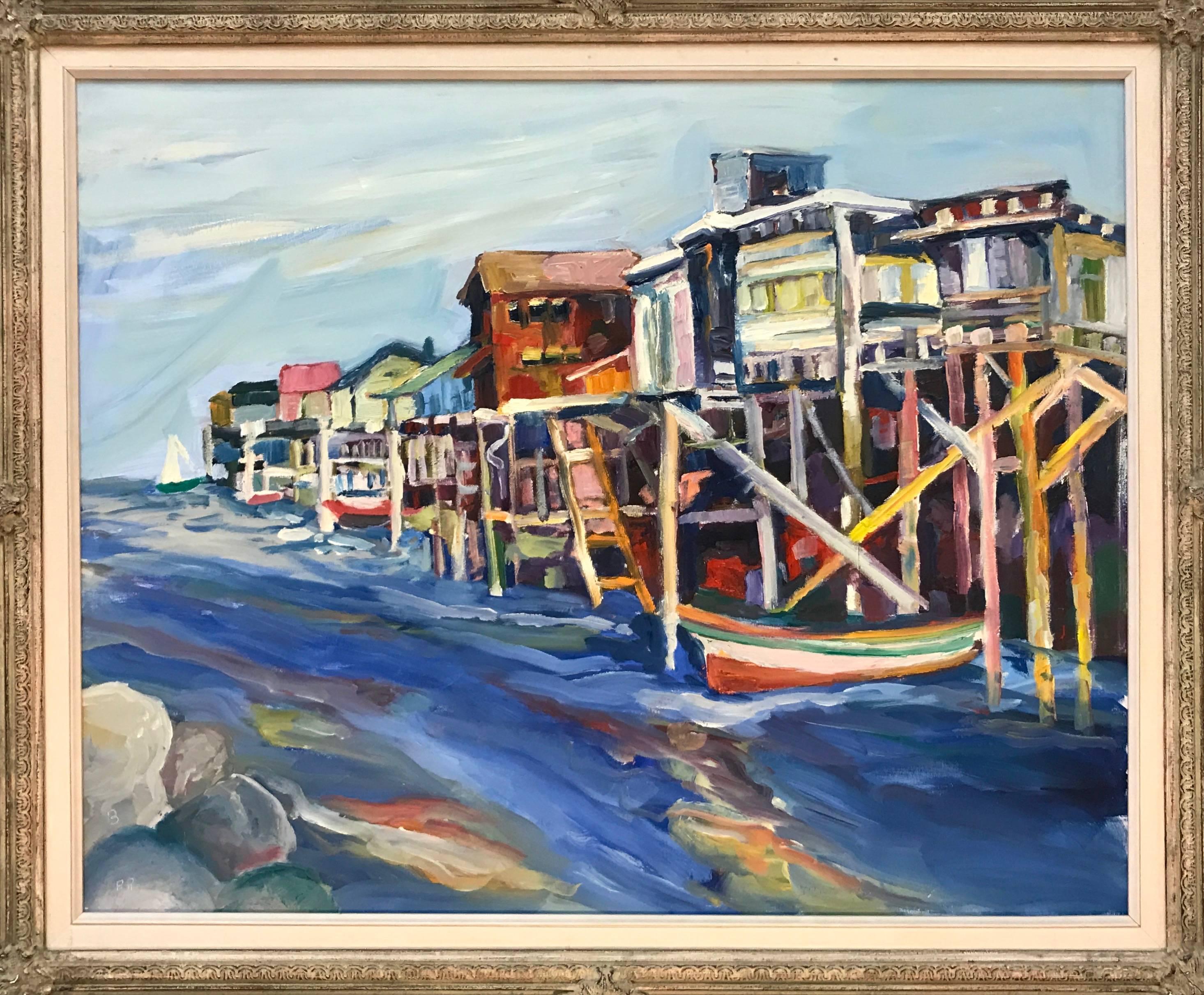 A figurative oil painting on canvas titled “View of Cannery Row” by California artist Jane Bradford (1923-2012).

Jane Bradford was a prolific and widely exhibited American painter primarily known for her post-impressionist interpretations of