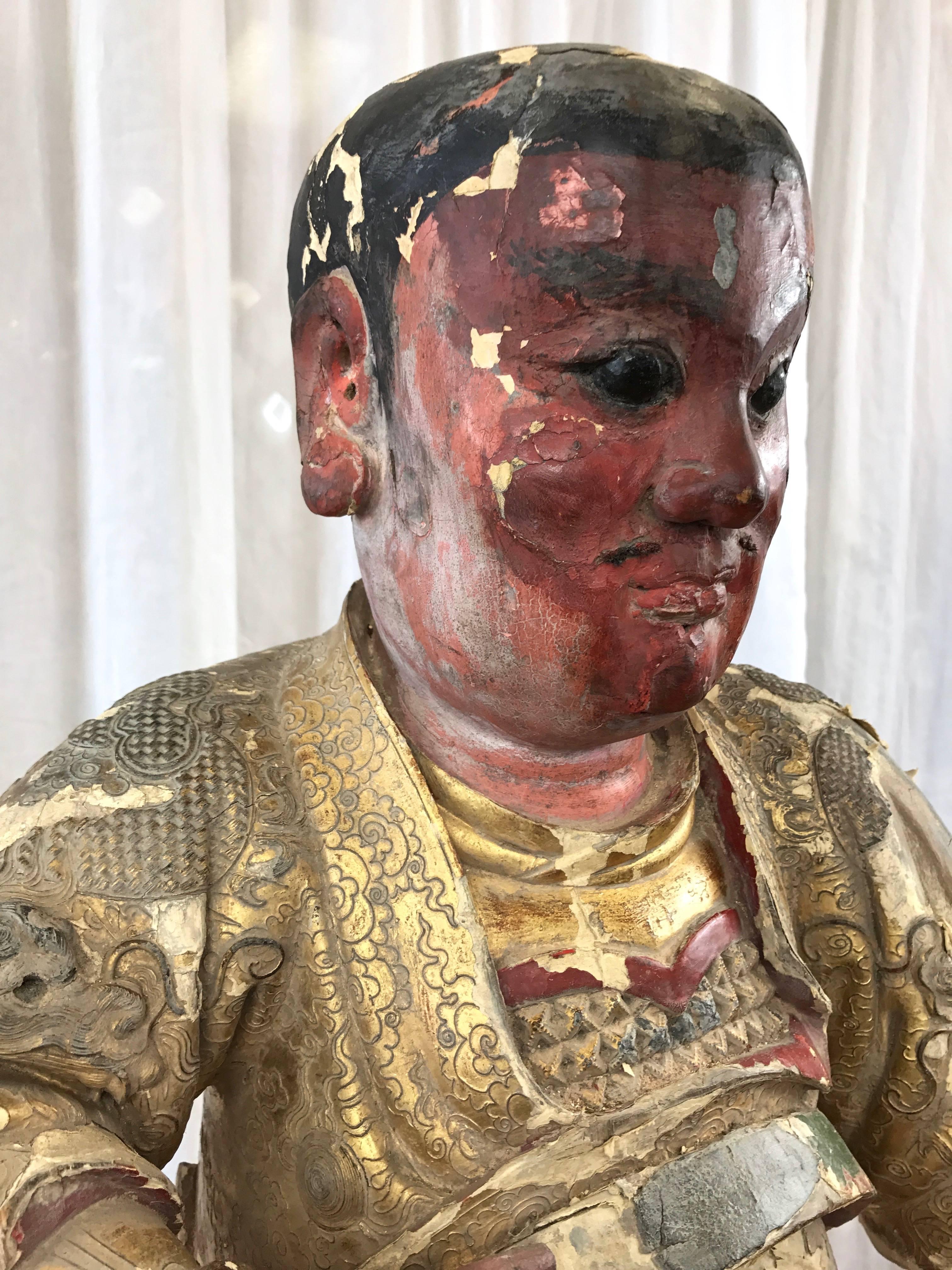 Giltwood 18th Century Qing Dynasty Large Wood Figure of Chinese Deity Guandi