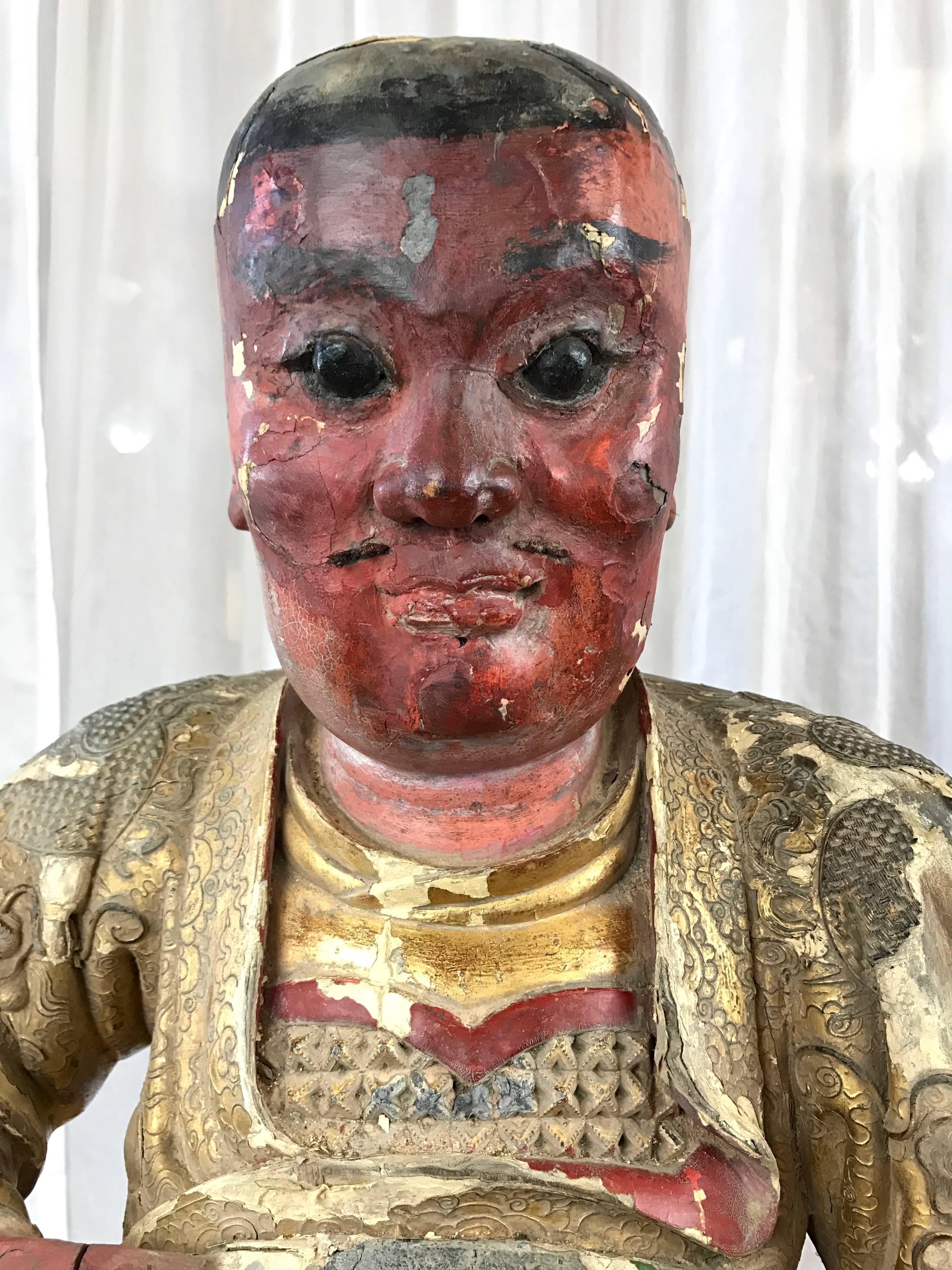 18th Century Qing Dynasty Large Wood Figure of Chinese Deity Guandi In Good Condition In San Francisco, CA