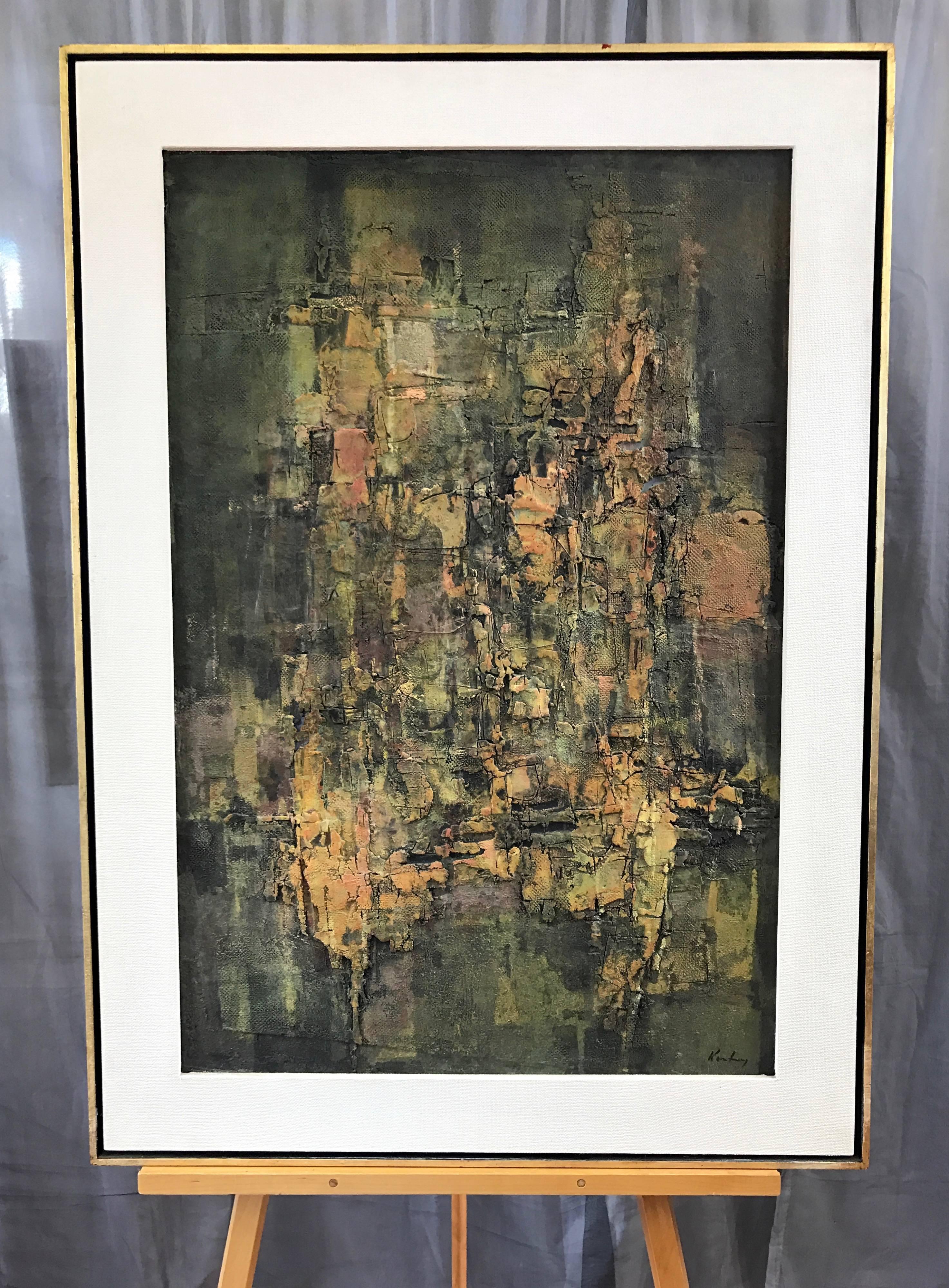 A textural abstract oil painting by widely-exhibited Polish-American artist Pawel “Paul” August Kontny (1926–2000).

An excellent example of Kontny’s signature technique, involving thickly sculpted marble dust paste on gessoed masonite with an oil