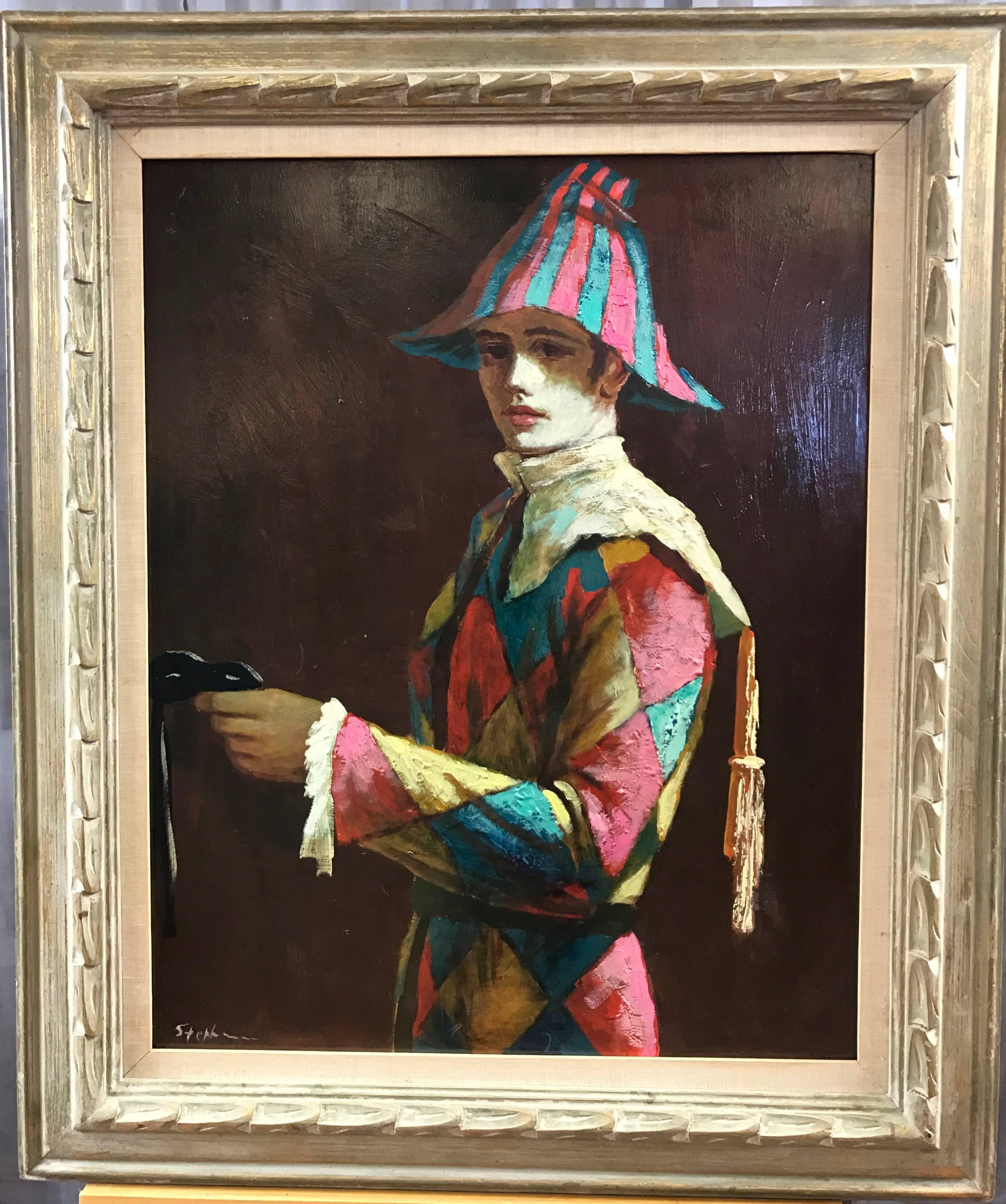 A large framed oil painting on masonite of a handsome young harlequin by California artist Harold “Abruzzi” Stephenson (1908–1974). 

This captivating and highly accomplished portrait is a rare departure from Stephenson’s signature
