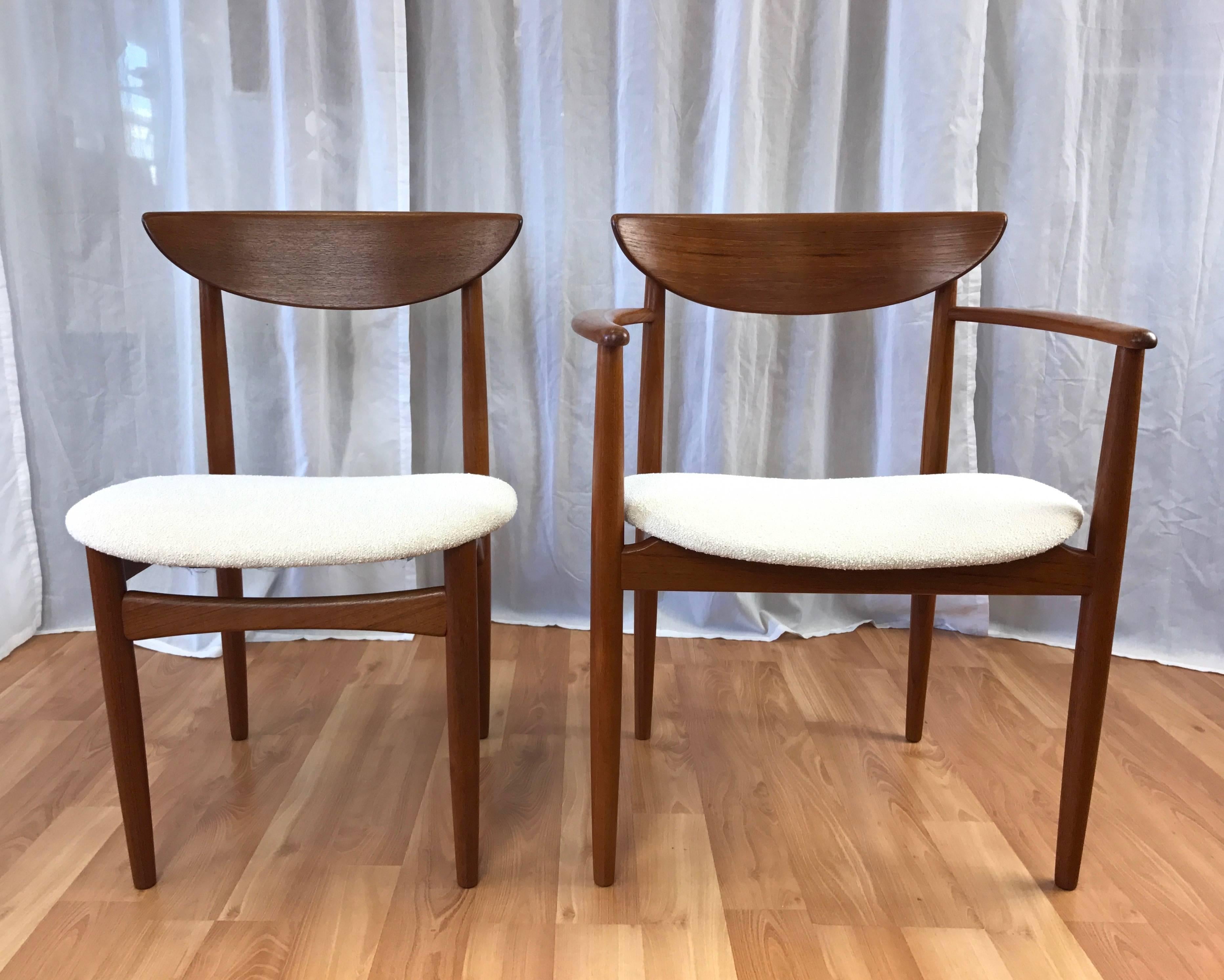 A very uncommon floating seat version of Peter Hvidt & Ola Mølgaard-Nielsen’s 1956 “Model 316” dining chair for Danish Modern manufacturer Søborg Møbelfabrik. Set comprised of six side chairs and one captain’s chair.

Solid teak frame features a