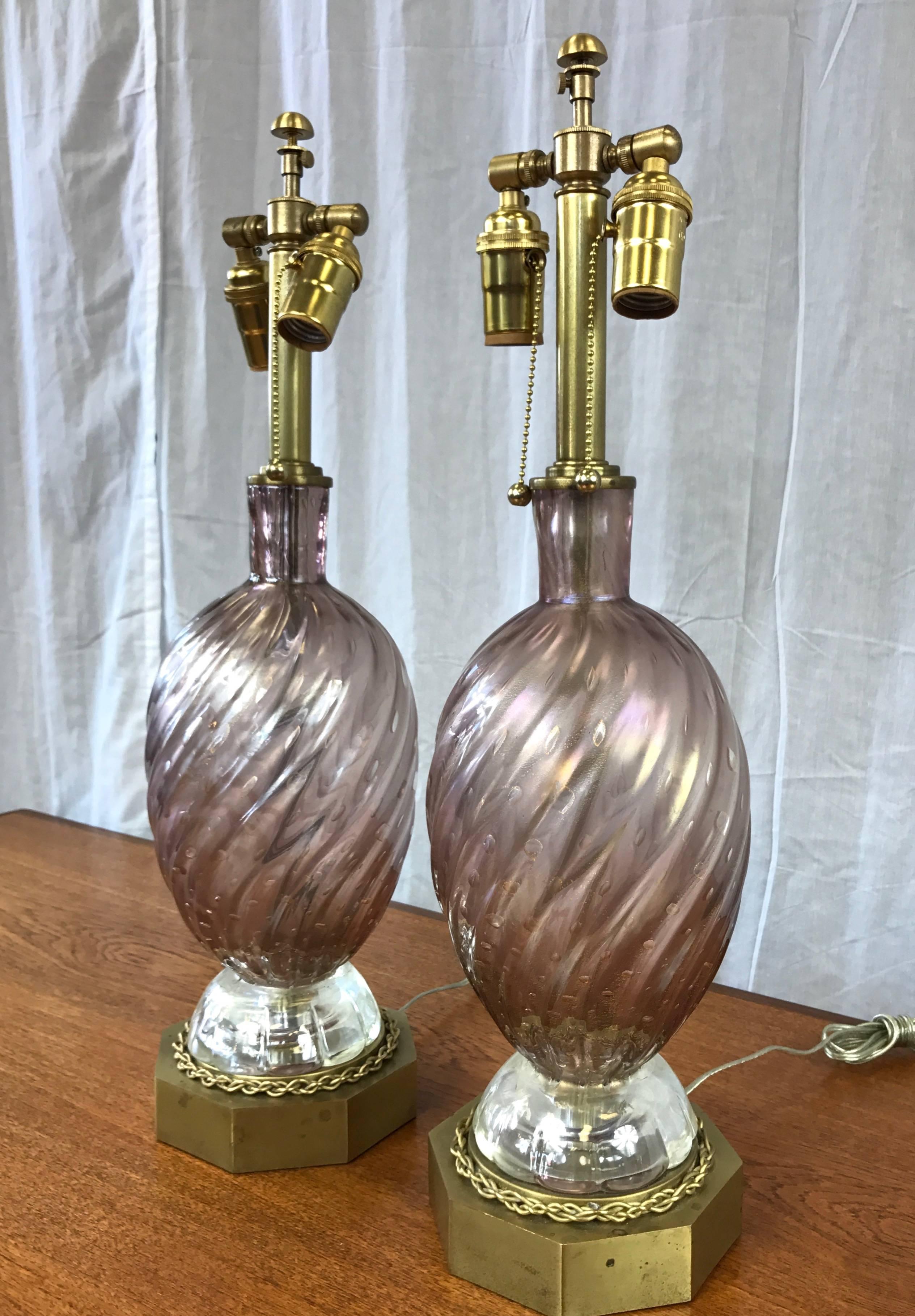 Hollywood Regency Pair of Barovier e Toso Murano Glass and Brass Table Lamps For Sale