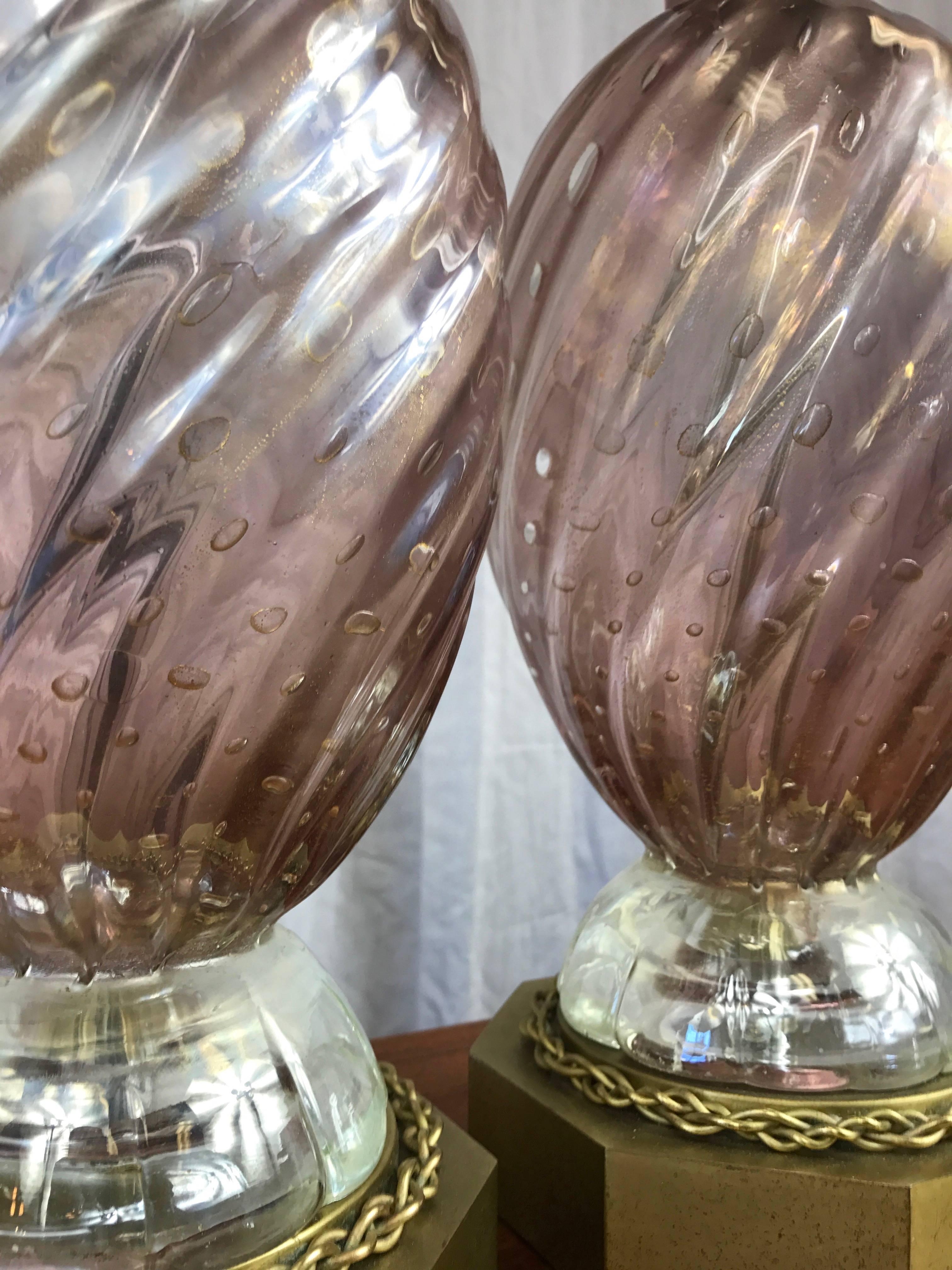 Pair of Barovier e Toso Murano Glass and Brass Table Lamps In Good Condition For Sale In San Francisco, CA