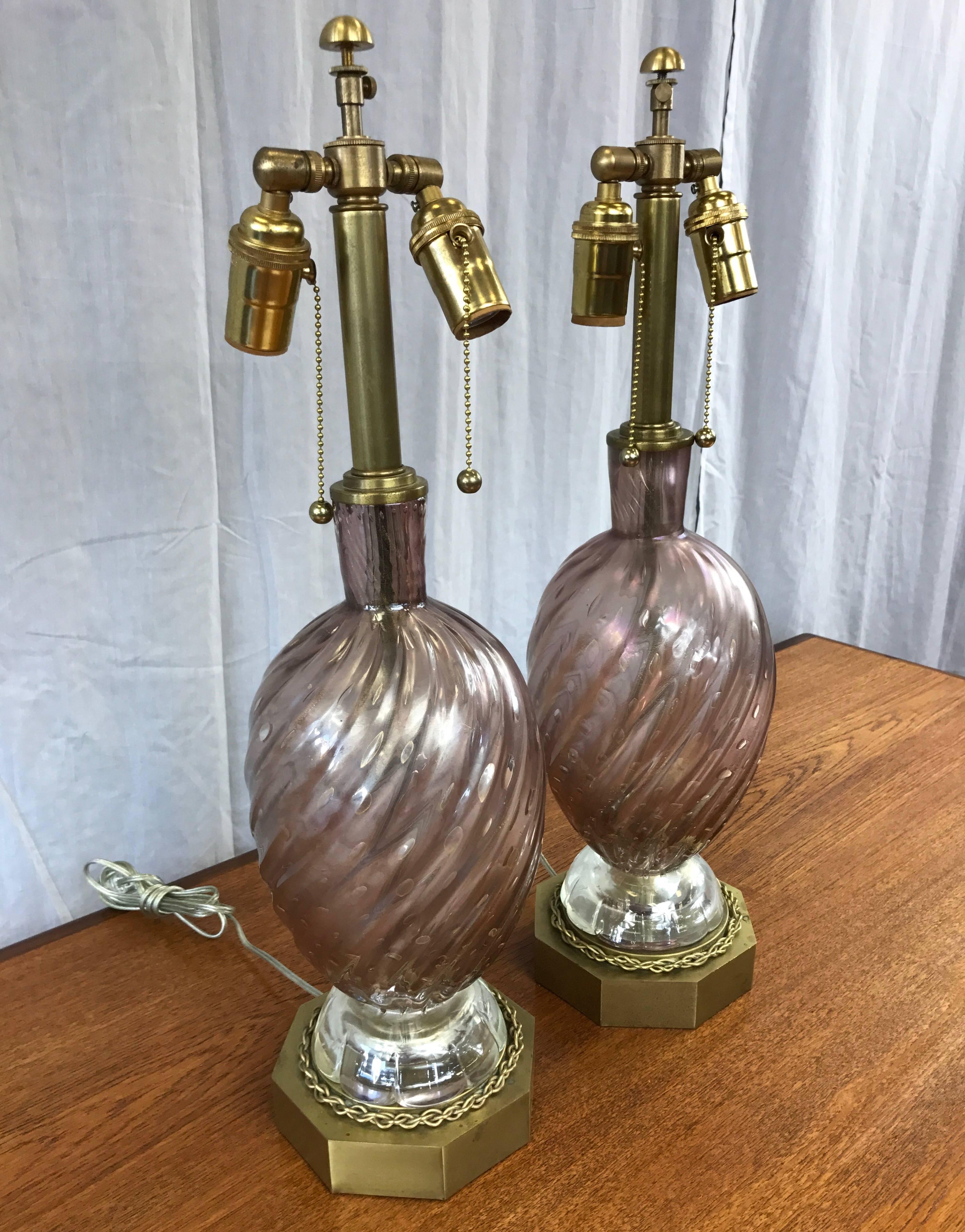 Pair of Barovier e Toso Murano Glass and Brass Table Lamps For Sale 1