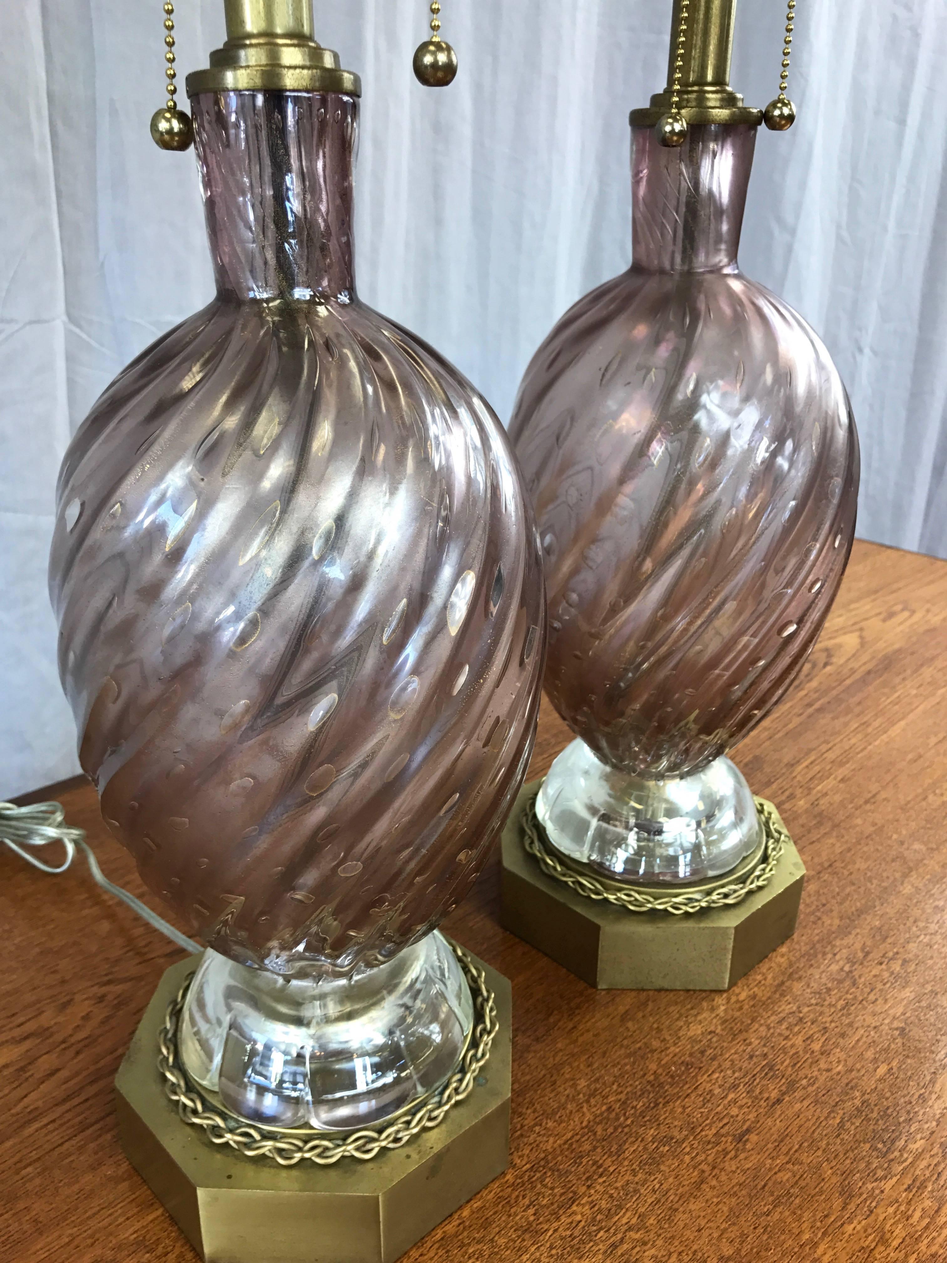 Italian Pair of Barovier e Toso Murano Glass and Brass Table Lamps For Sale