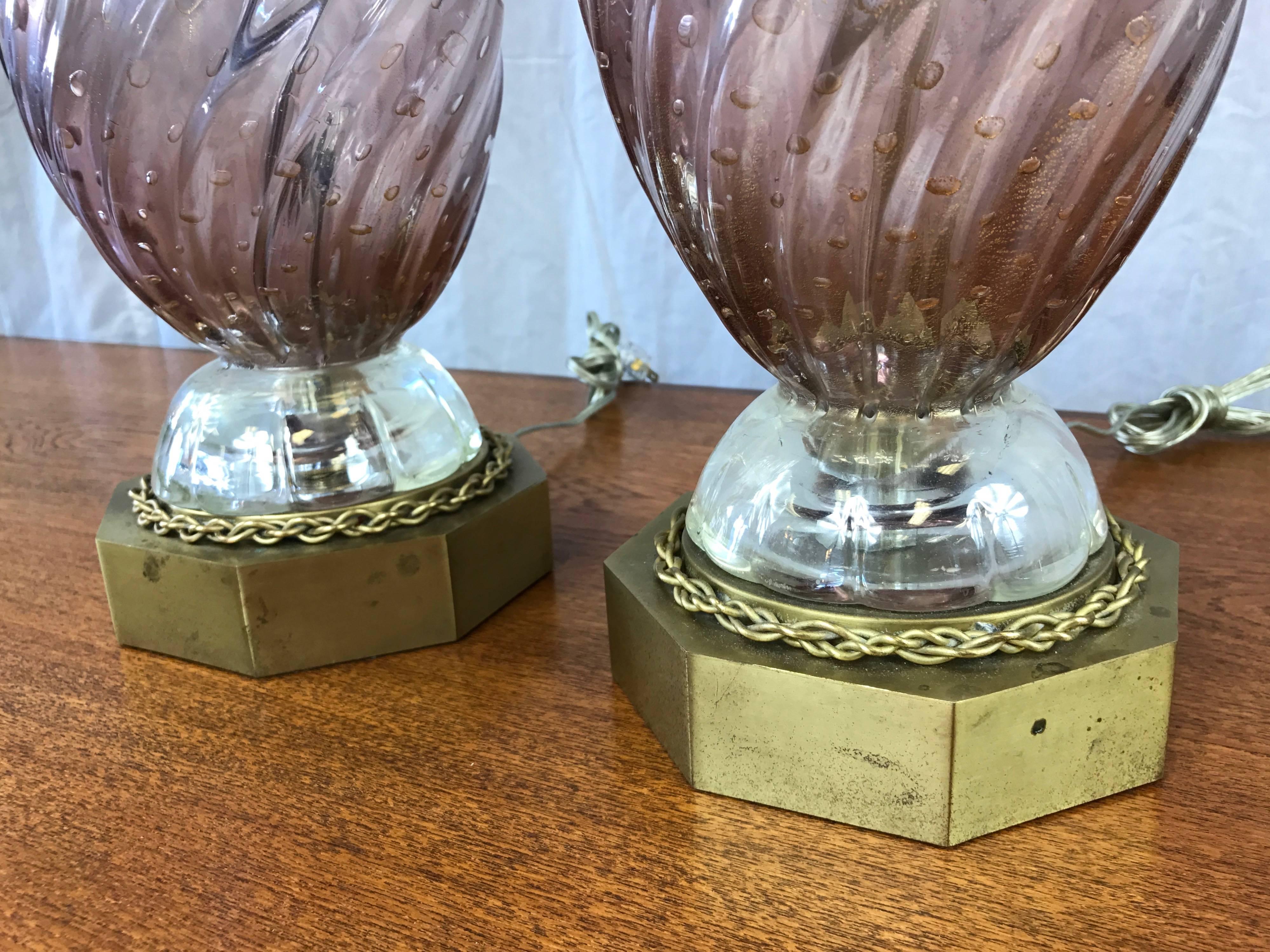 Pair of Barovier e Toso Murano Glass and Brass Table Lamps For Sale 3