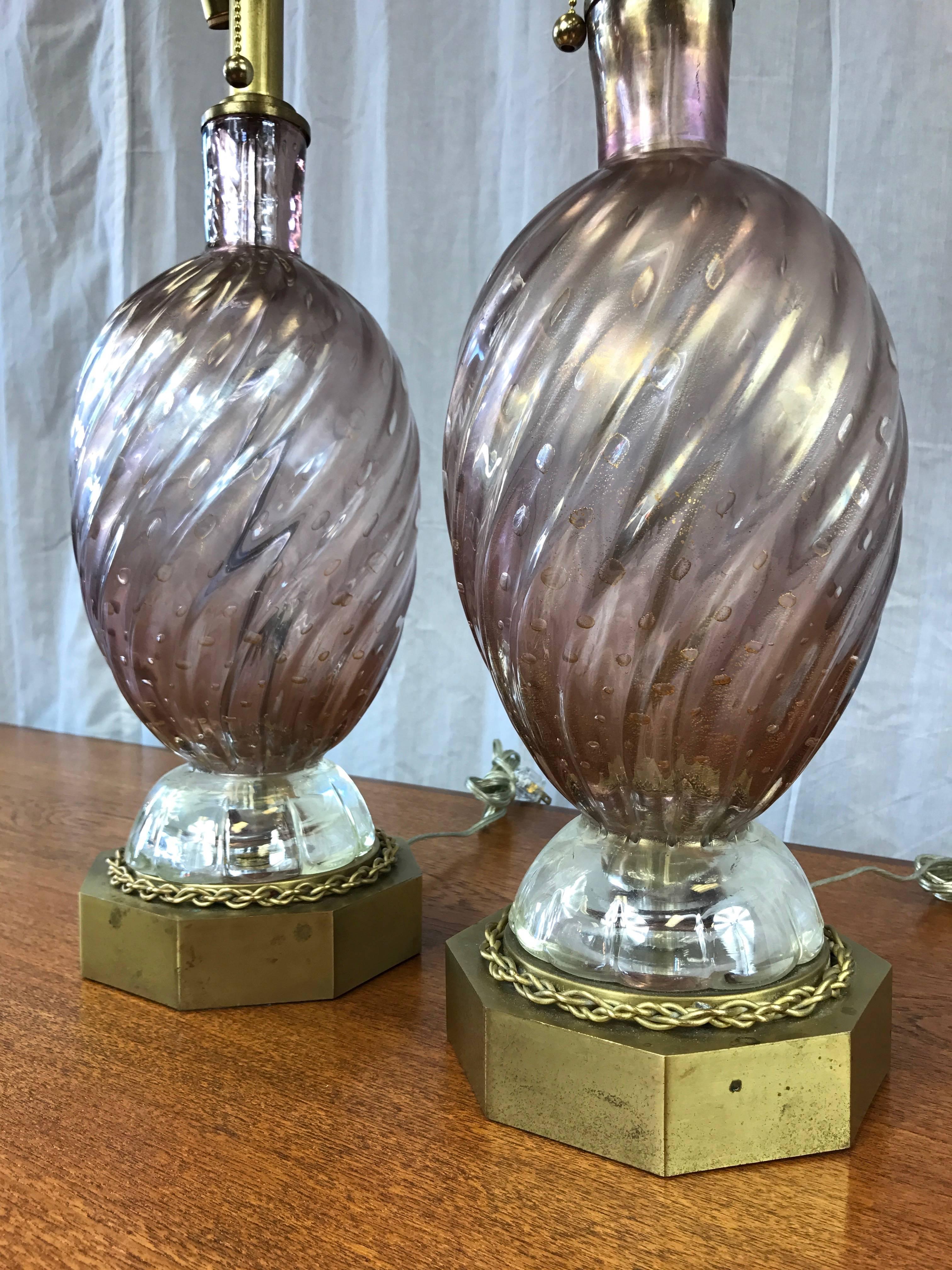 Pair of Barovier e Toso Murano Glass and Brass Table Lamps For Sale 2