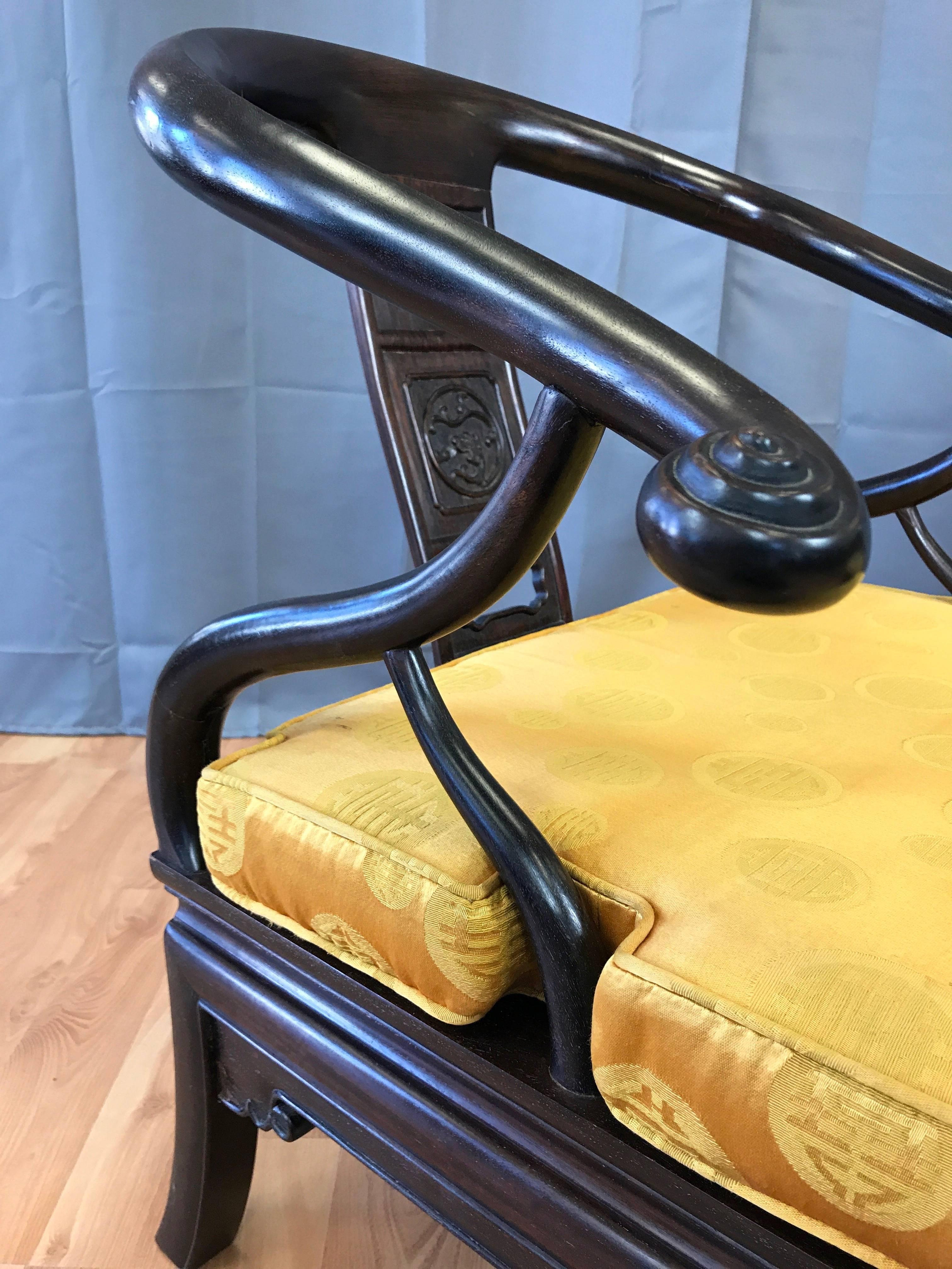 Pair of Chinese Rosewood Horseshoe Chow Chairs, circa 1920s 1