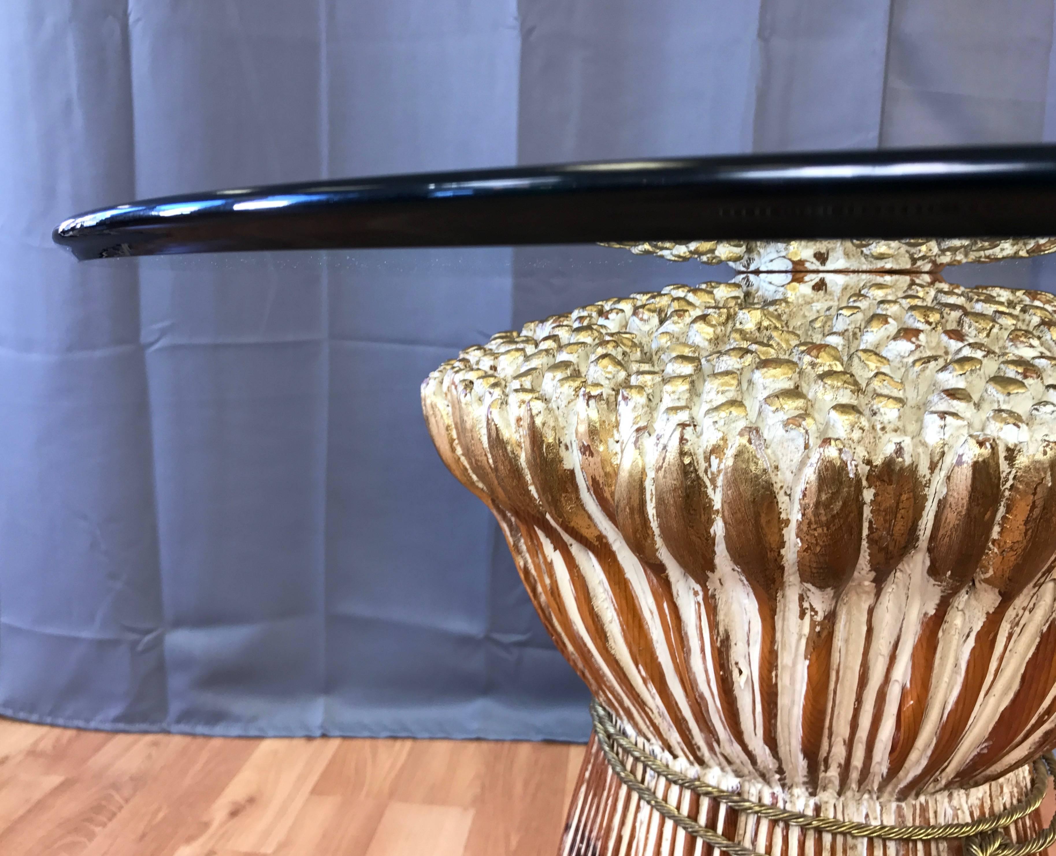 Mid-20th Century Sculptural Carved Wood Wheat Sheaf Table with Glass Top For Sale