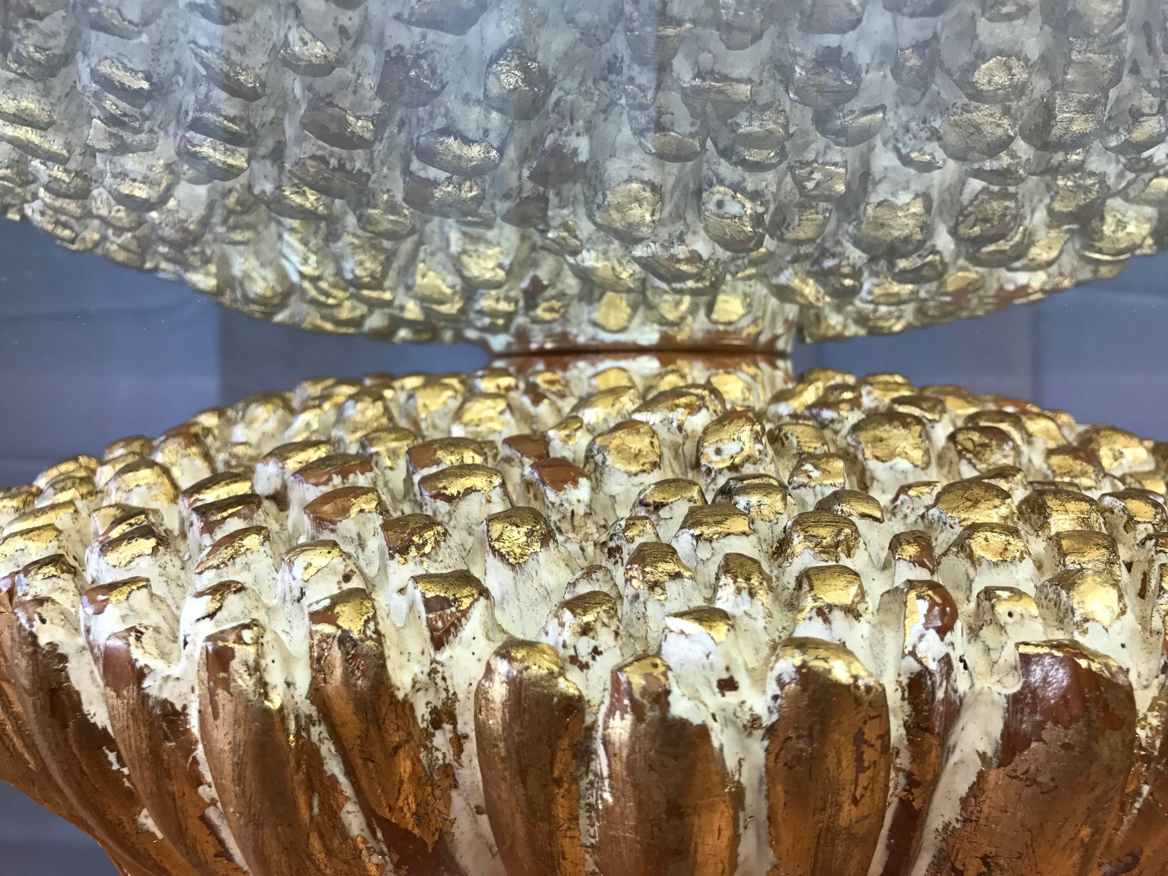 Brass Sculptural Carved Wood Wheat Sheaf Table with Glass Top For Sale