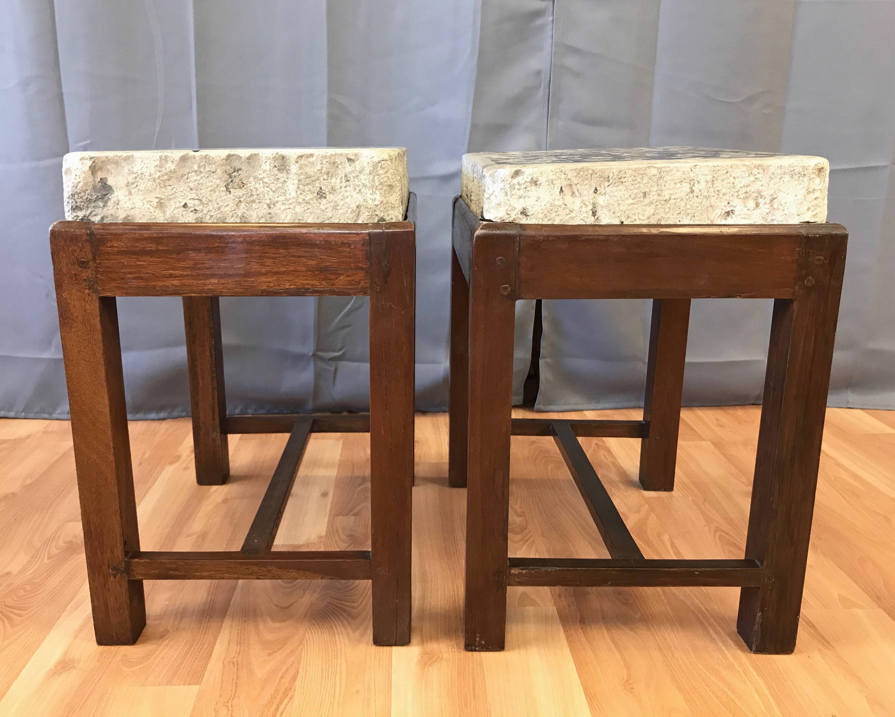 20th Century Lithography Stone Top and Mahogany Base End Tables