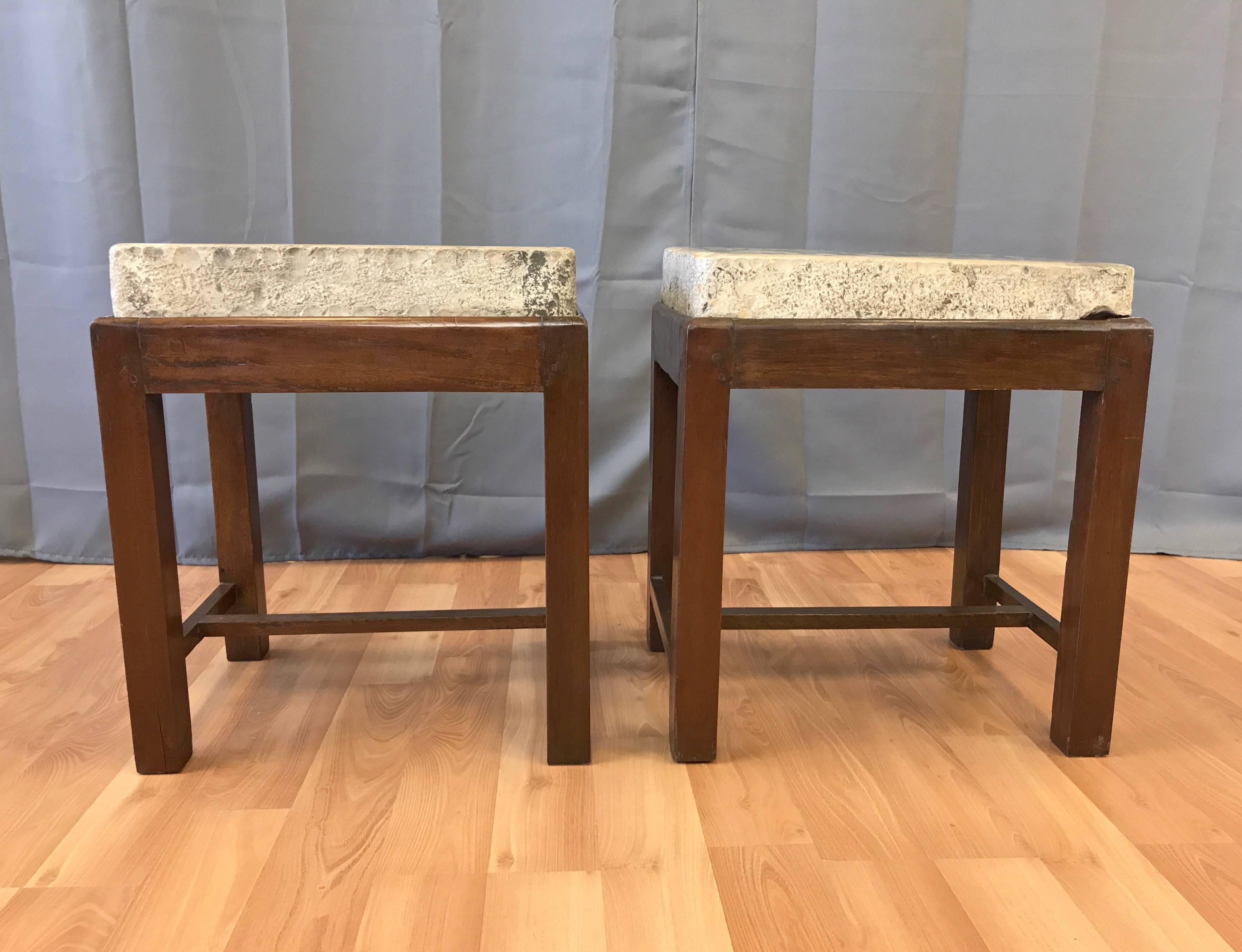 Limestone Lithography Stone Top and Mahogany Base End Tables