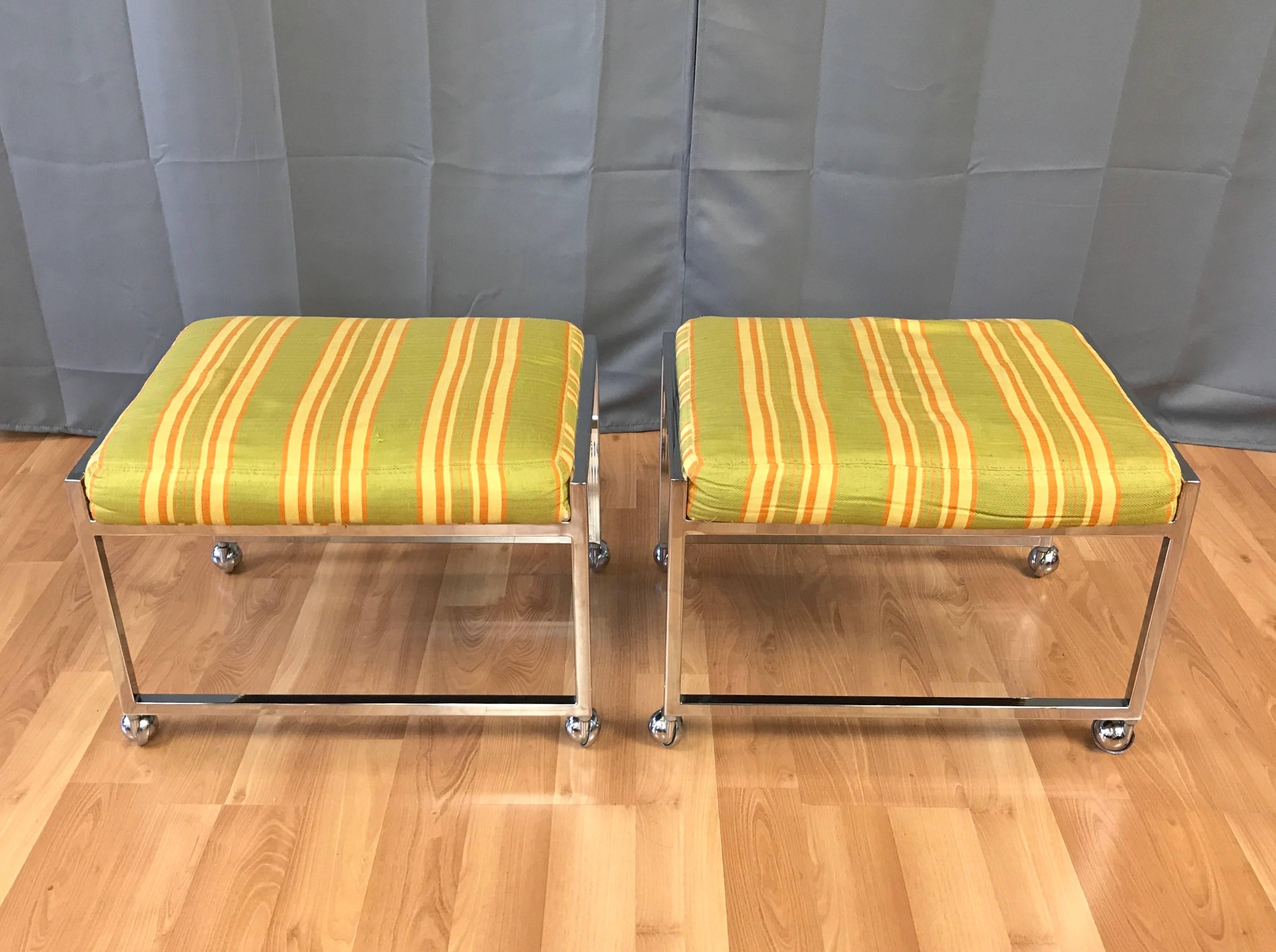 Modern Pair of Vintage Milo Baughman-Style Small Wheeled Benches