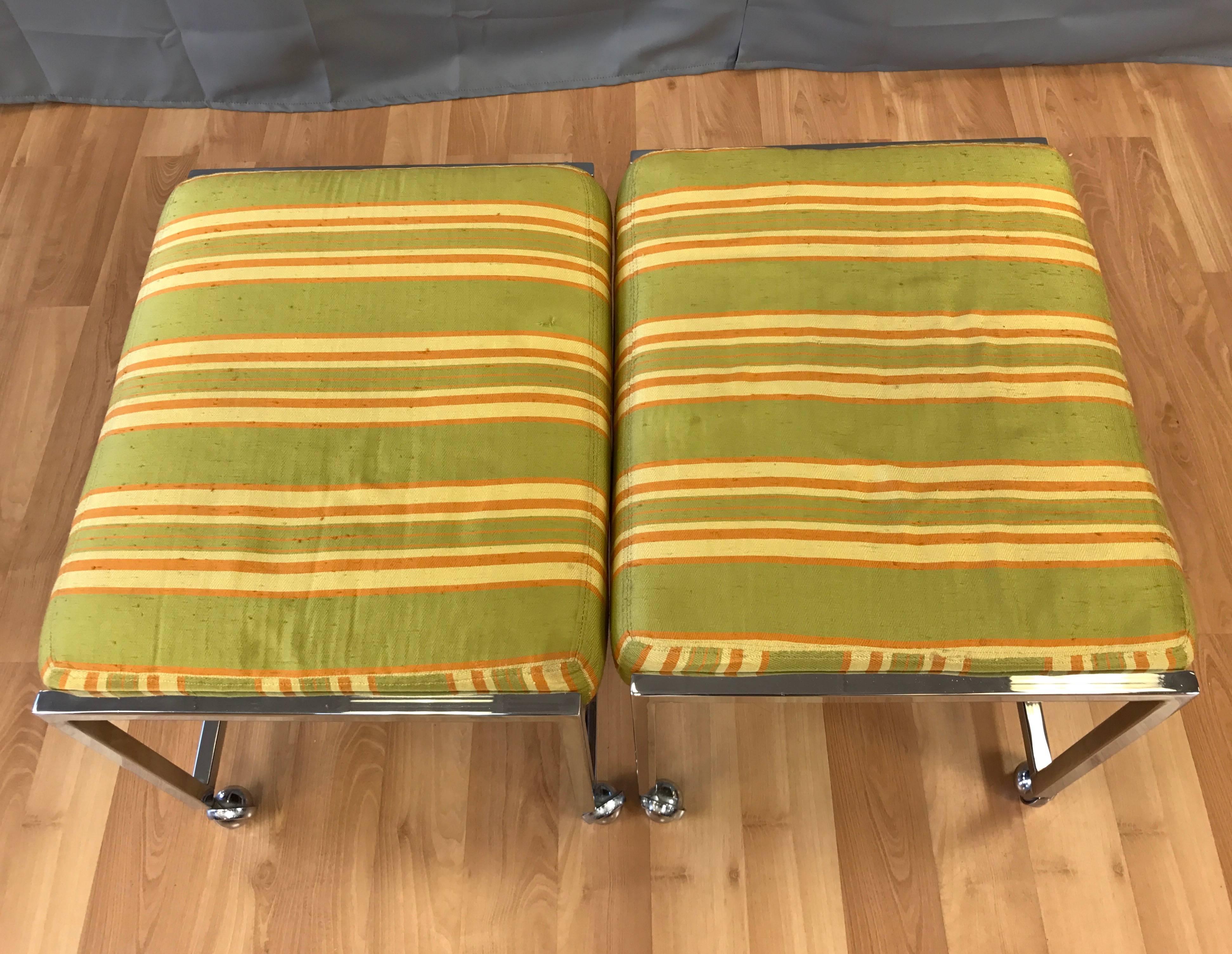Fabric Pair of Vintage Milo Baughman-Style Small Wheeled Benches