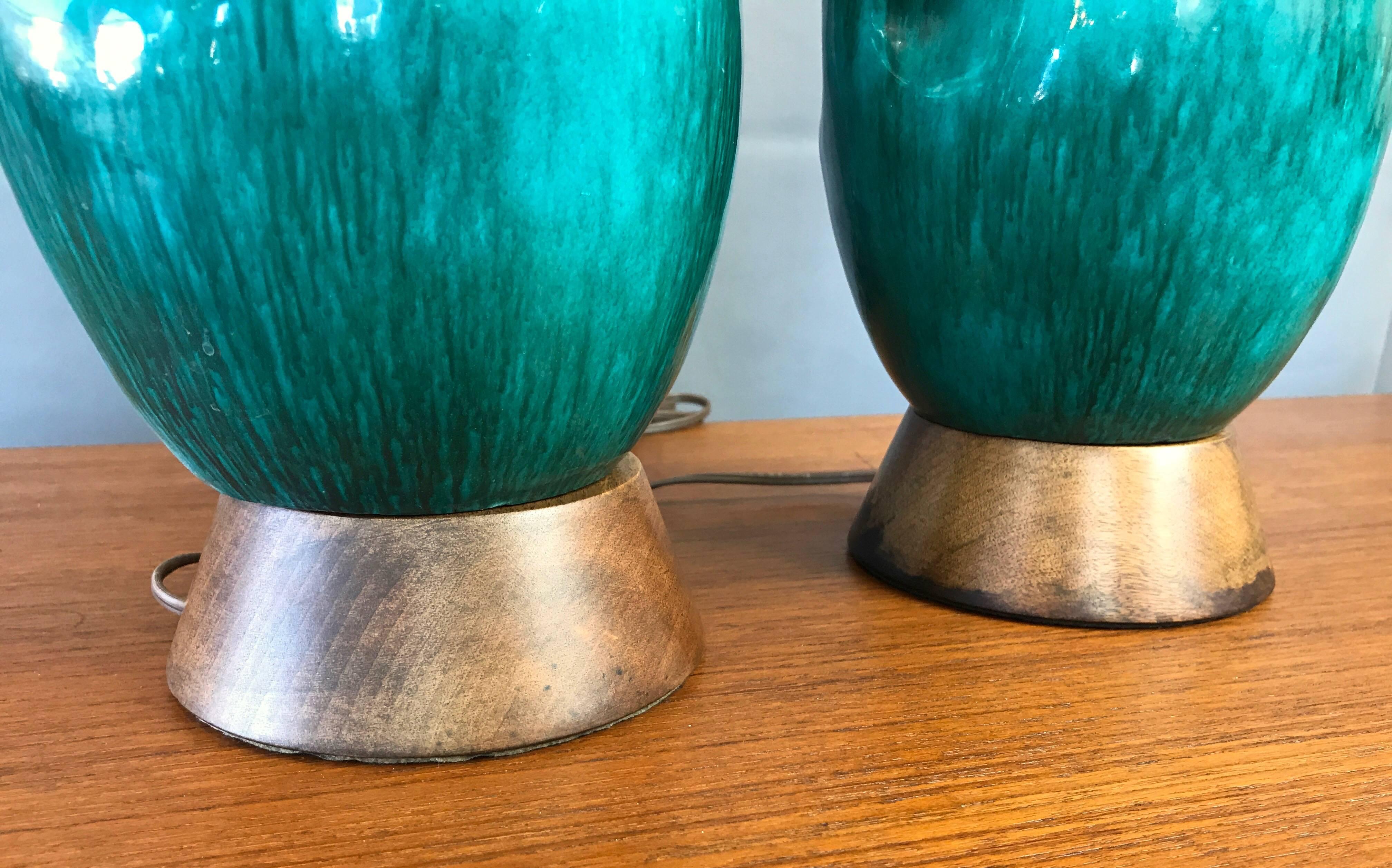 Pair of Marcello Fantoni Turquoise Ceramic Table Lamps 1
