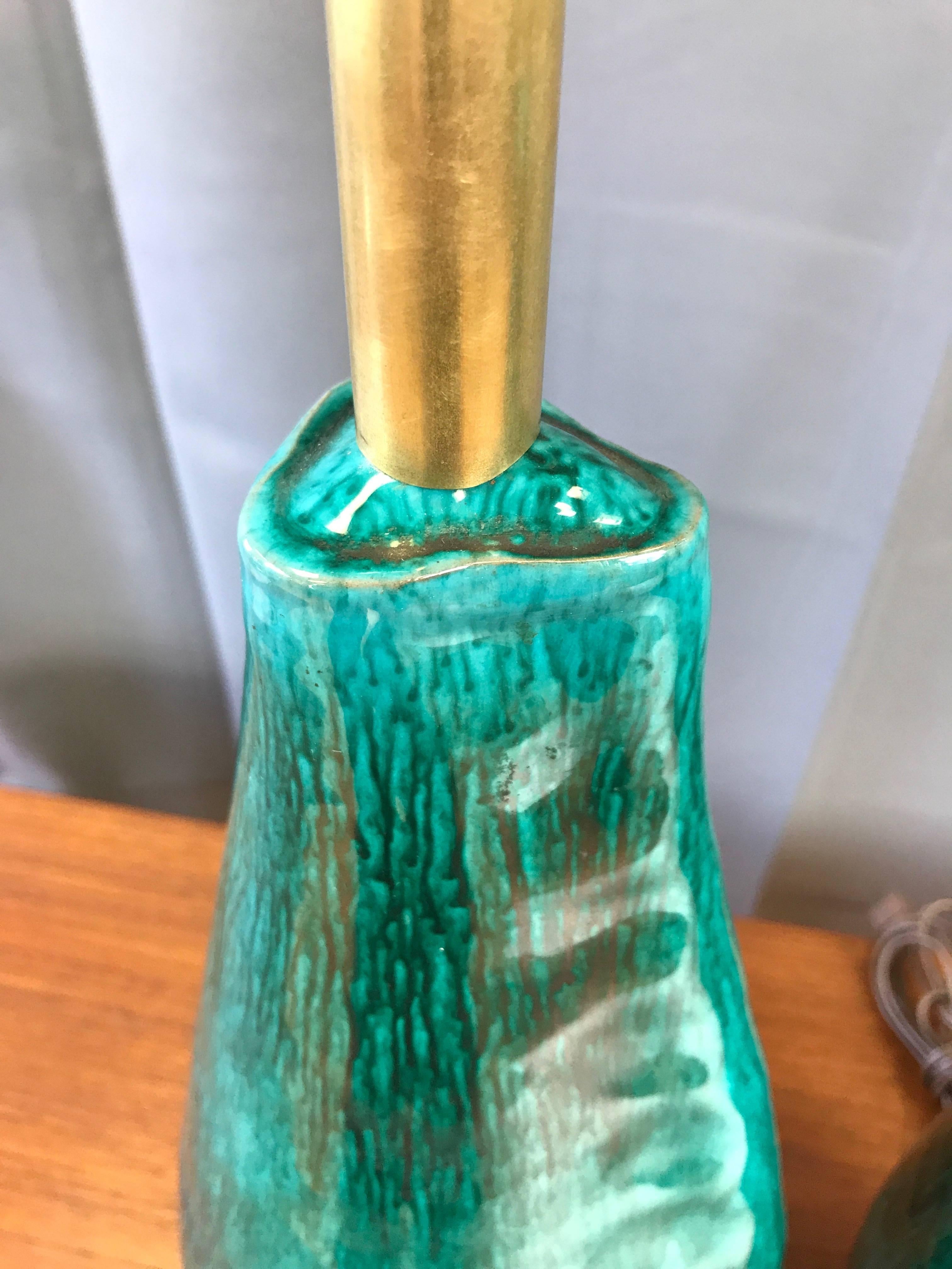 Brass Pair of Marcello Fantoni Turquoise Ceramic Table Lamps