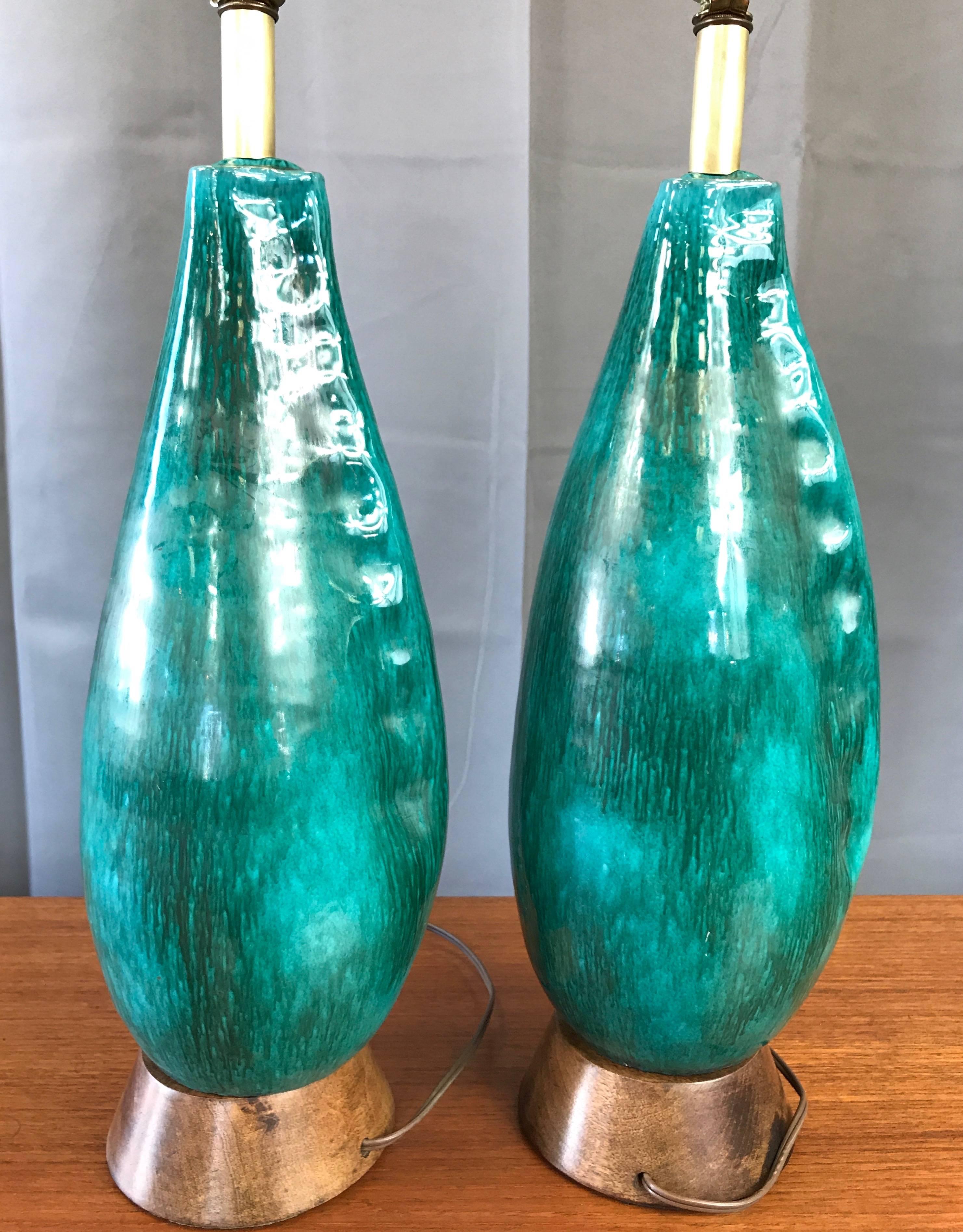 Mid-20th Century Pair of Marcello Fantoni Turquoise Ceramic Table Lamps