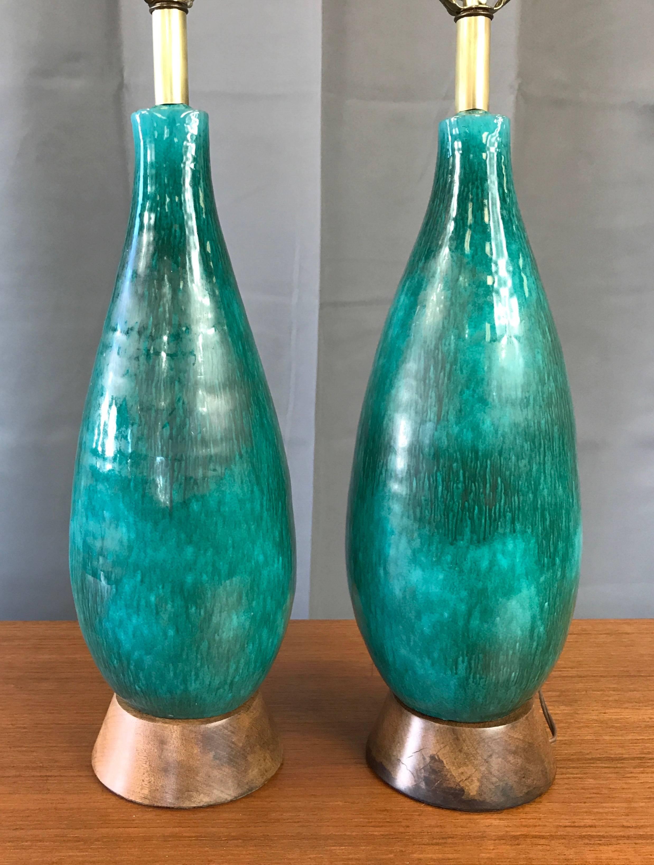 Pair of Marcello Fantoni Turquoise Ceramic Table Lamps In Good Condition In San Francisco, CA