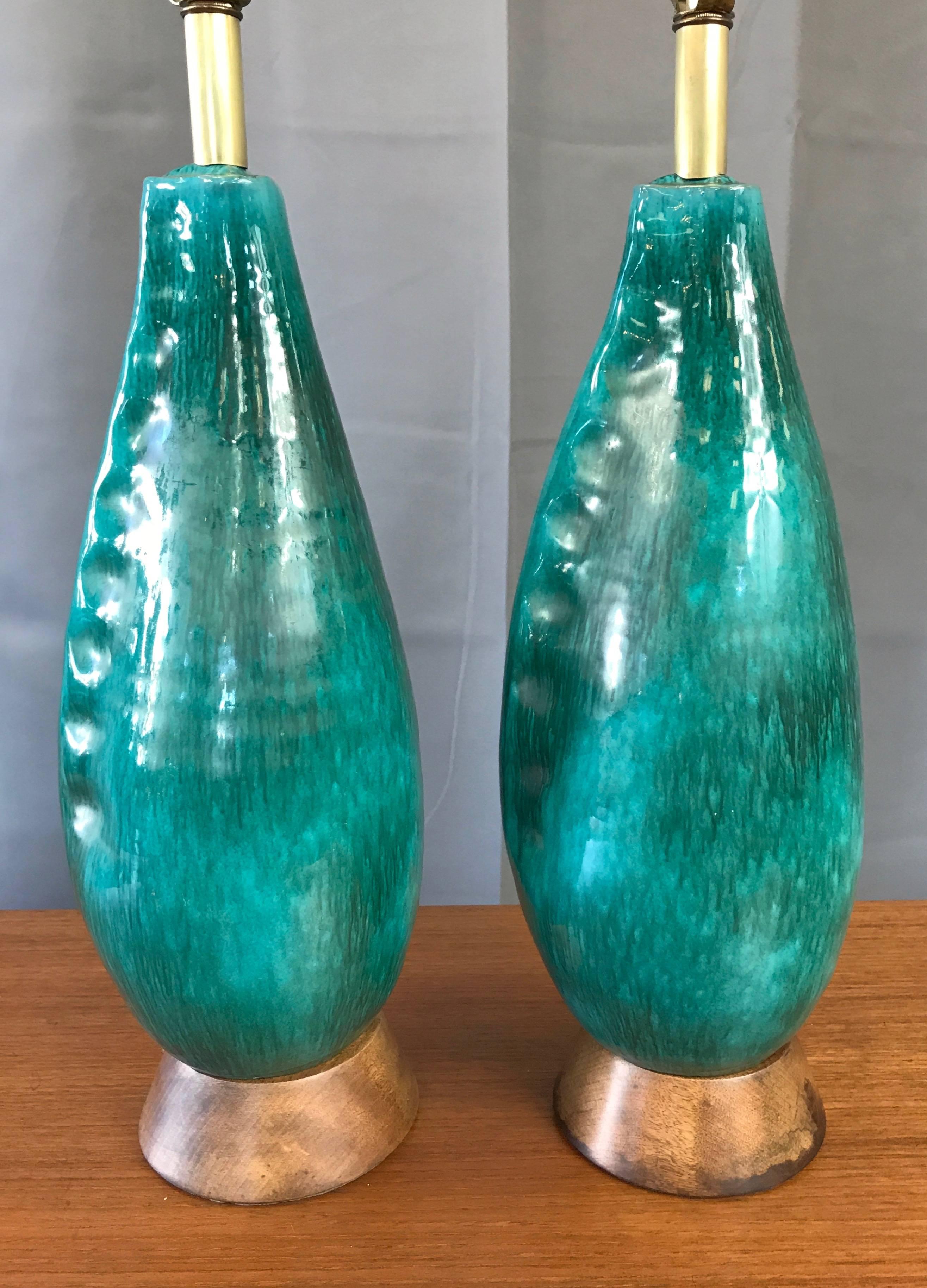 Italian Pair of Marcello Fantoni Turquoise Ceramic Table Lamps