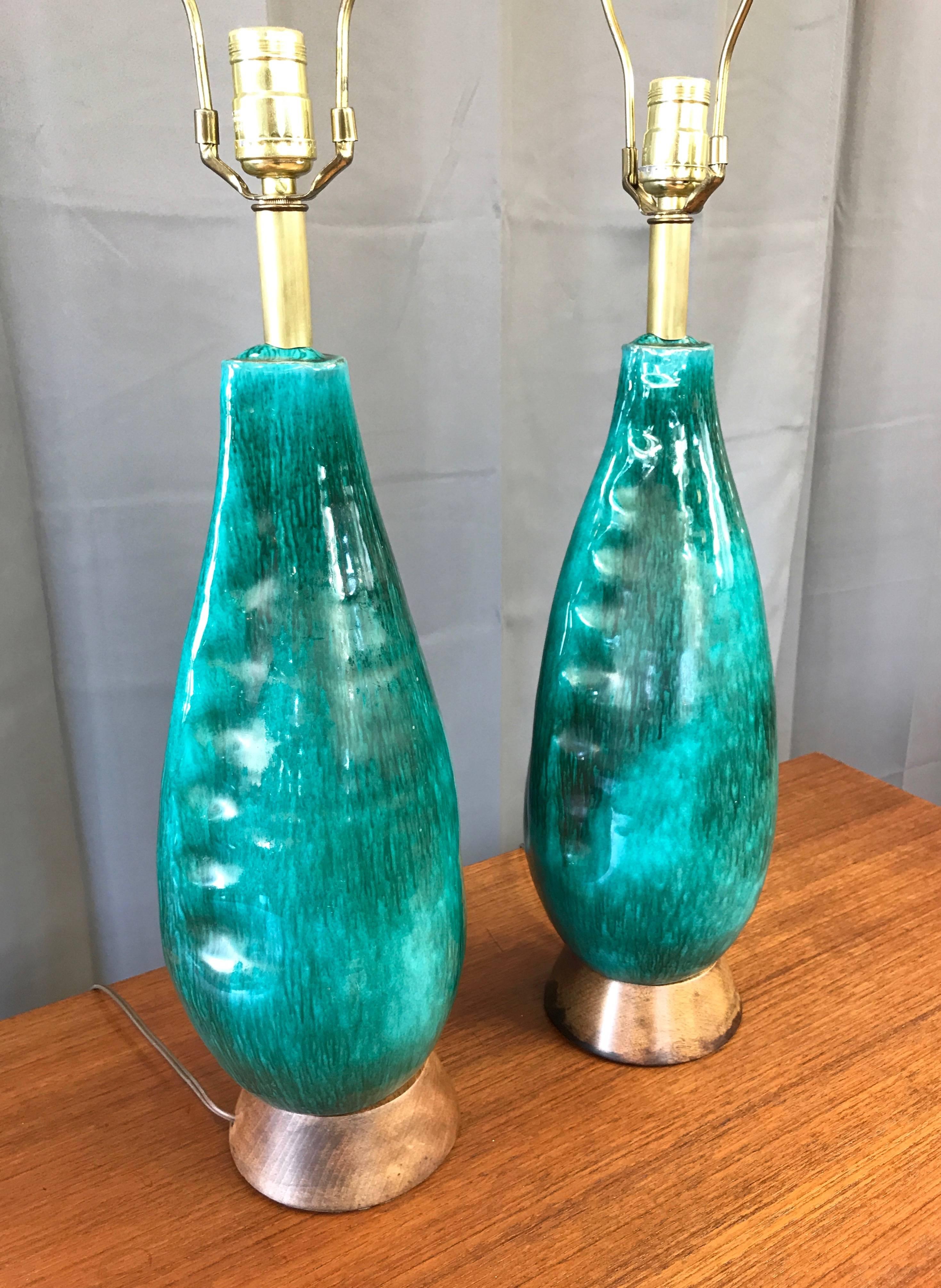 Mid-Century Modern Pair of Marcello Fantoni Turquoise Ceramic Table Lamps
