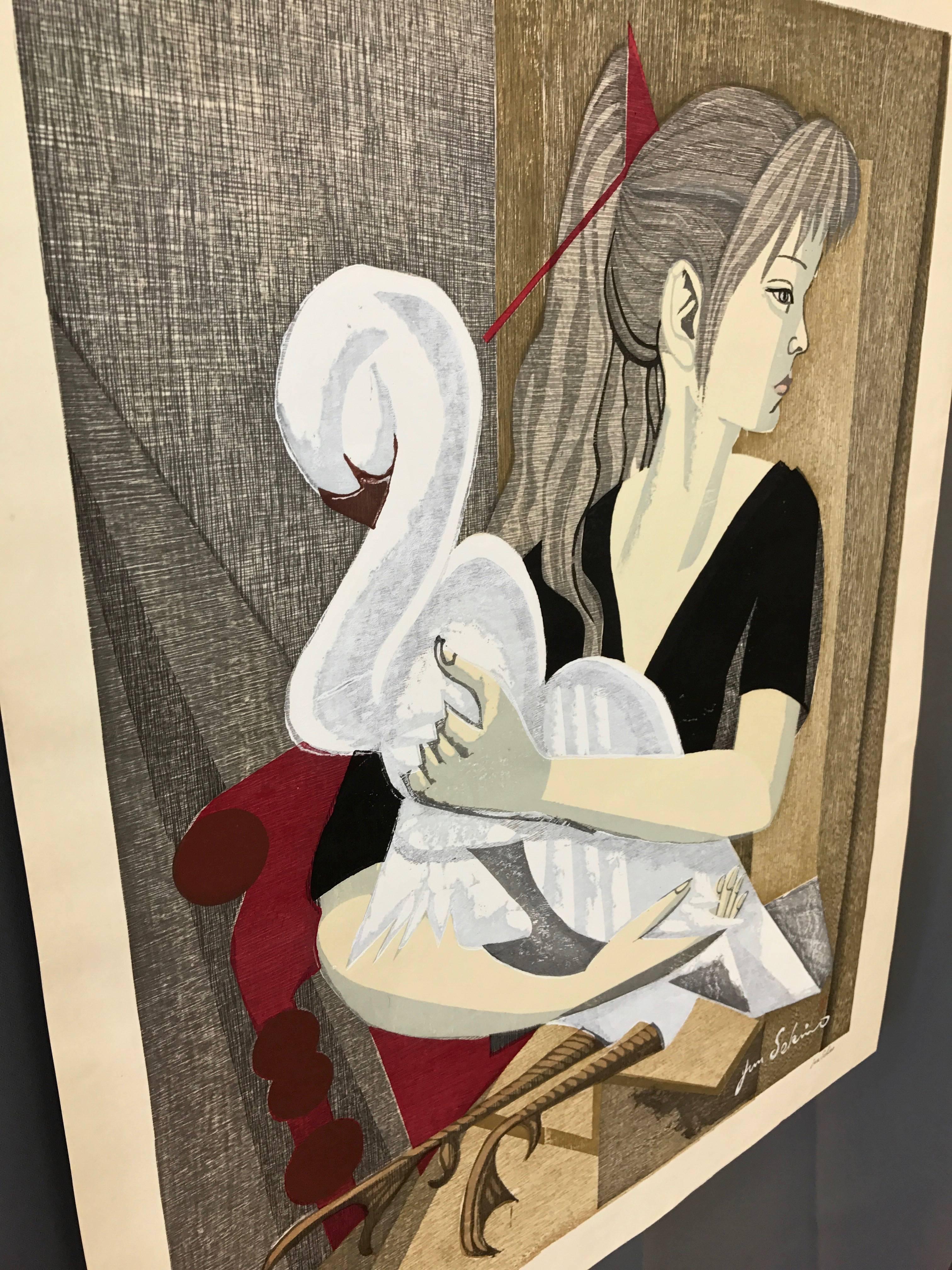 Japanese Jun’Ichirō Sekino Untitled “Girl and Swan” Woodblock Print, 1955