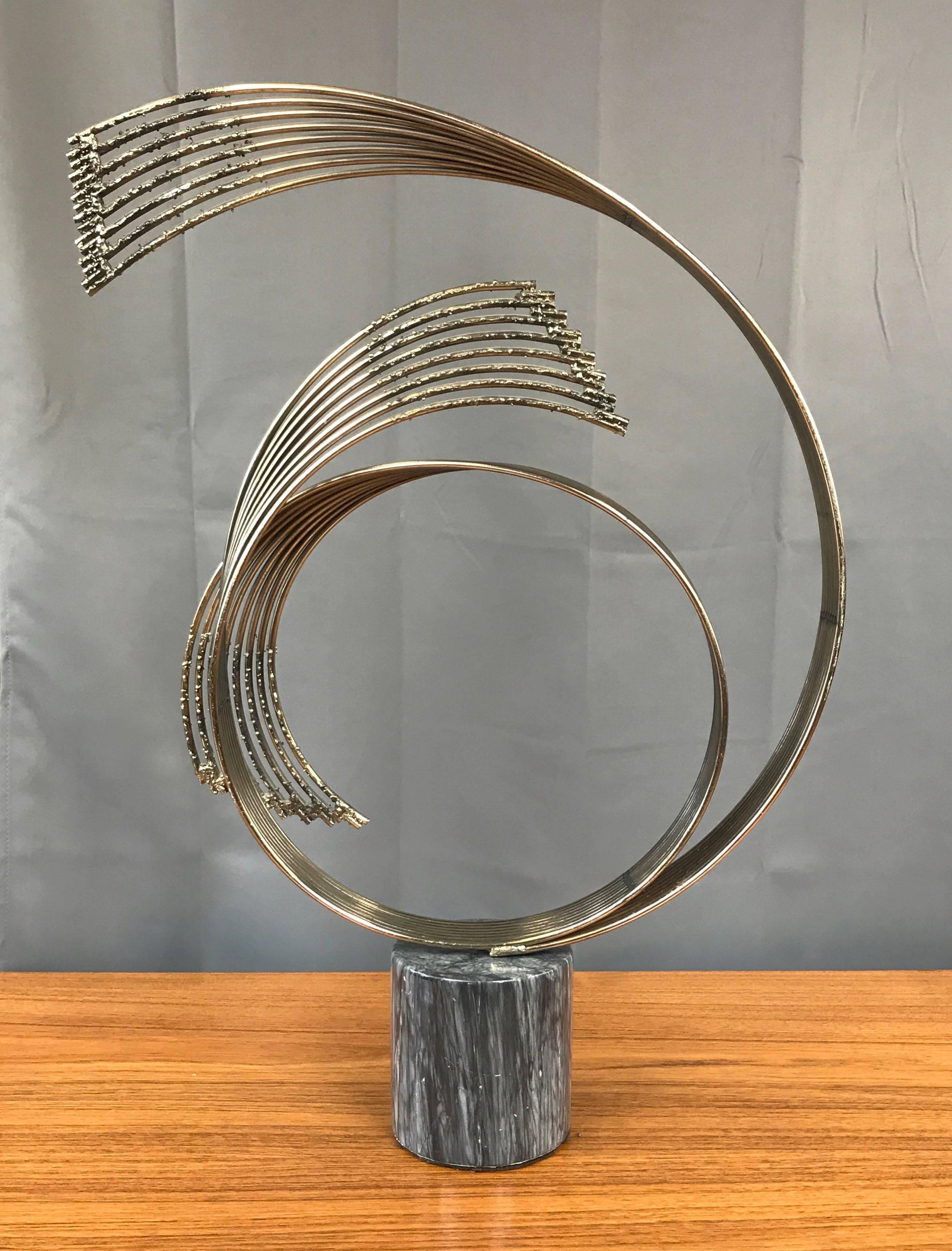 Modern Curtis Jeré “Windswept” Brass Sculpture on Marble Pedestal