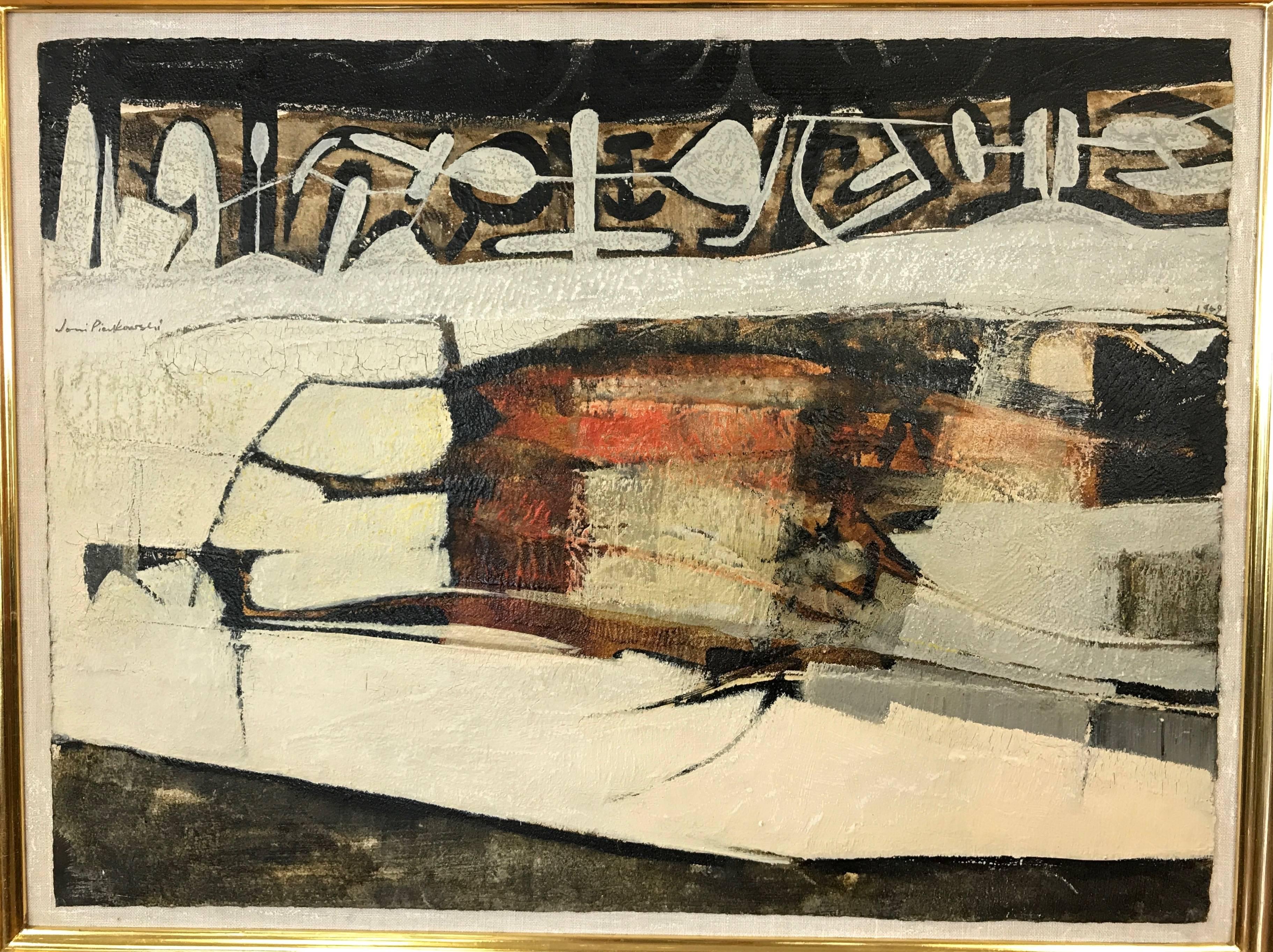 An excellent signed and dated untitled abstract painting by Virginia-based artist Joni Pienkowski from early in her career.

Deceptively abstract composition displays remarkable restraint, balance, and forethought. Multiple layers of