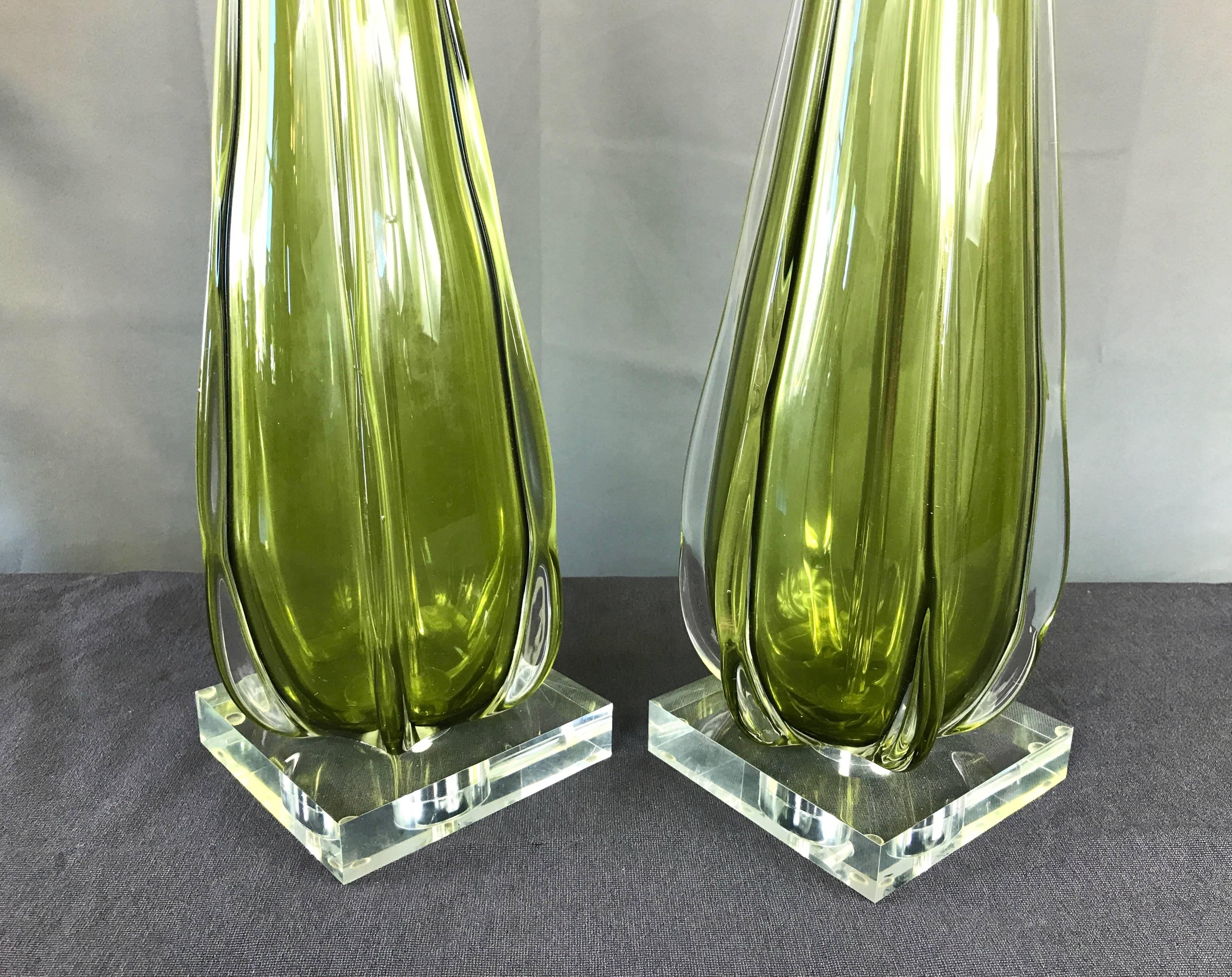 Art Glass Pair of Tall Seguso Murano Sommerso Glass Table Lamps