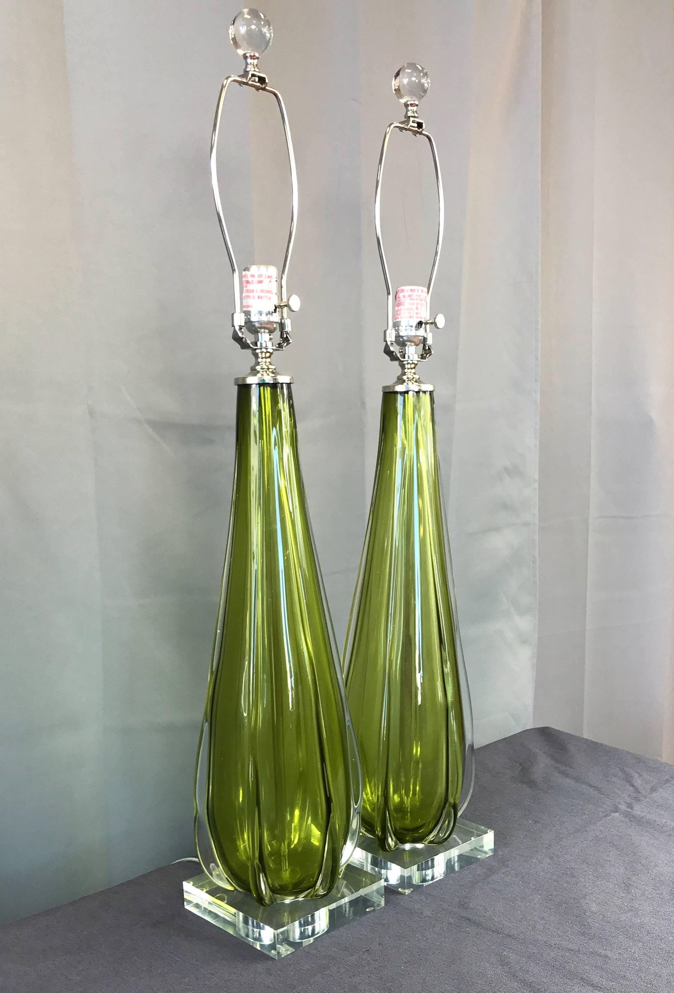 Italian Pair of Tall Seguso Murano Sommerso Glass Table Lamps