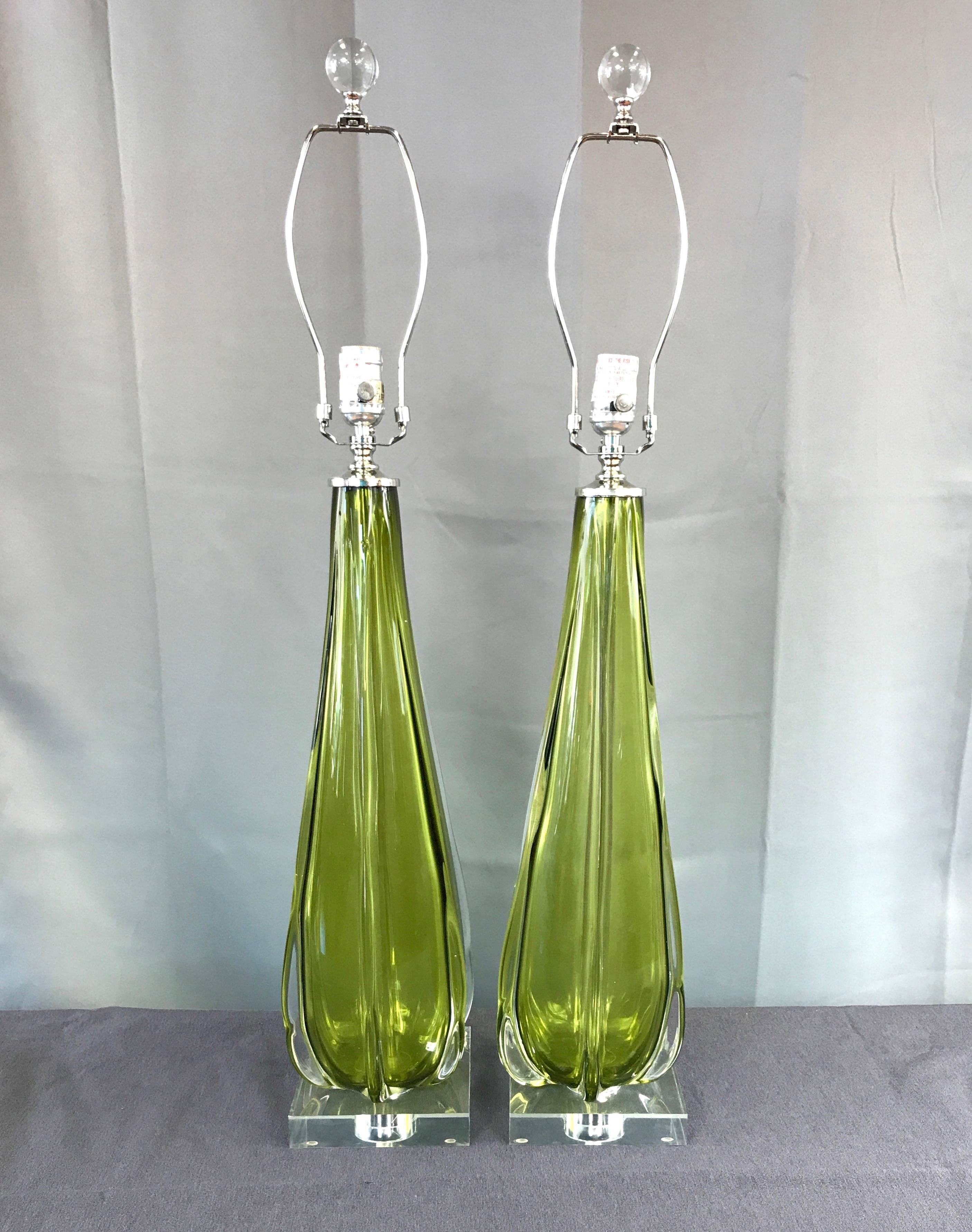 Mid-Century Modern Pair of Tall Seguso Murano Sommerso Glass Table Lamps