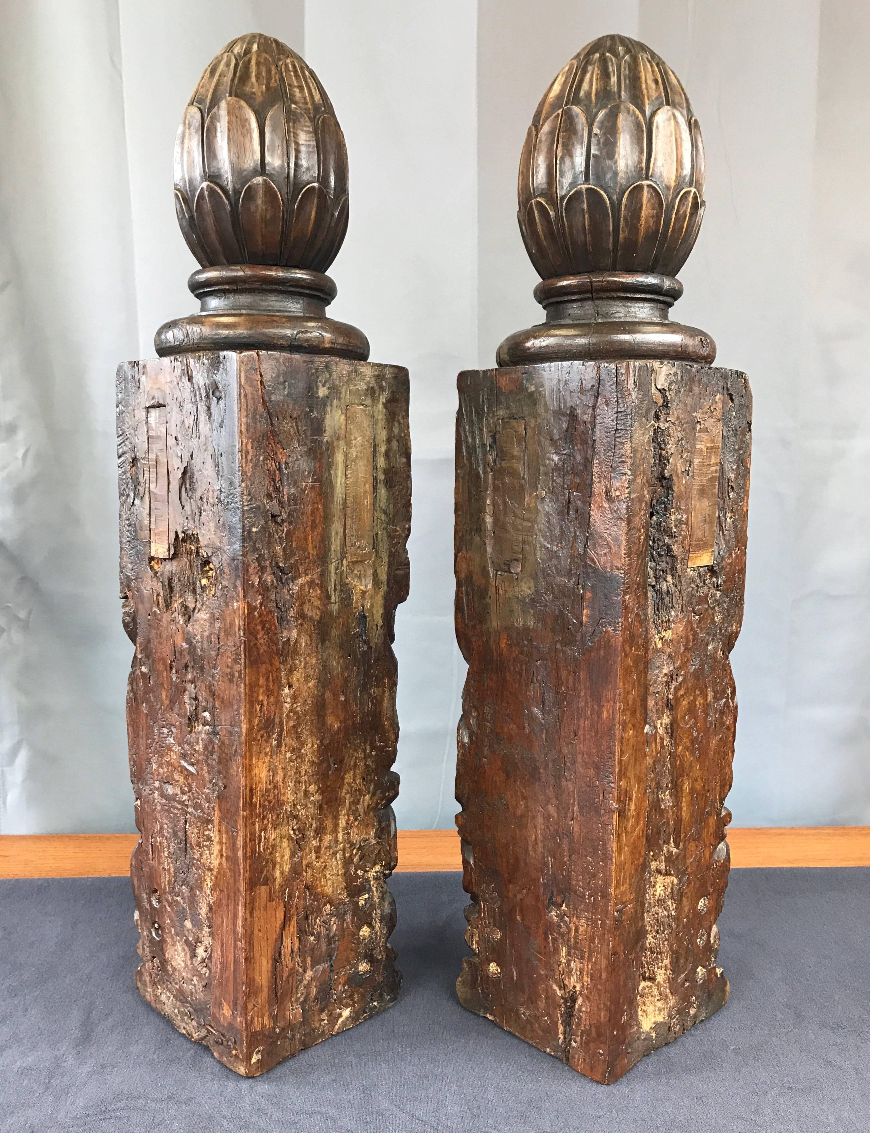 Mahogany Pair of Impressively Sized and Expressive Hand-Carved Antique Newel Posts
