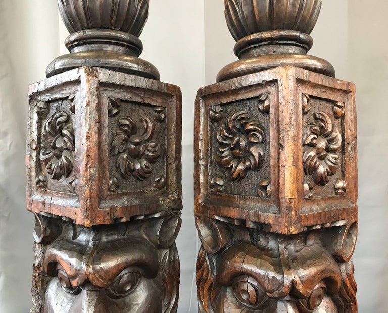 Pair of Impressively Sized and Expressive HandCarved Antique Newel